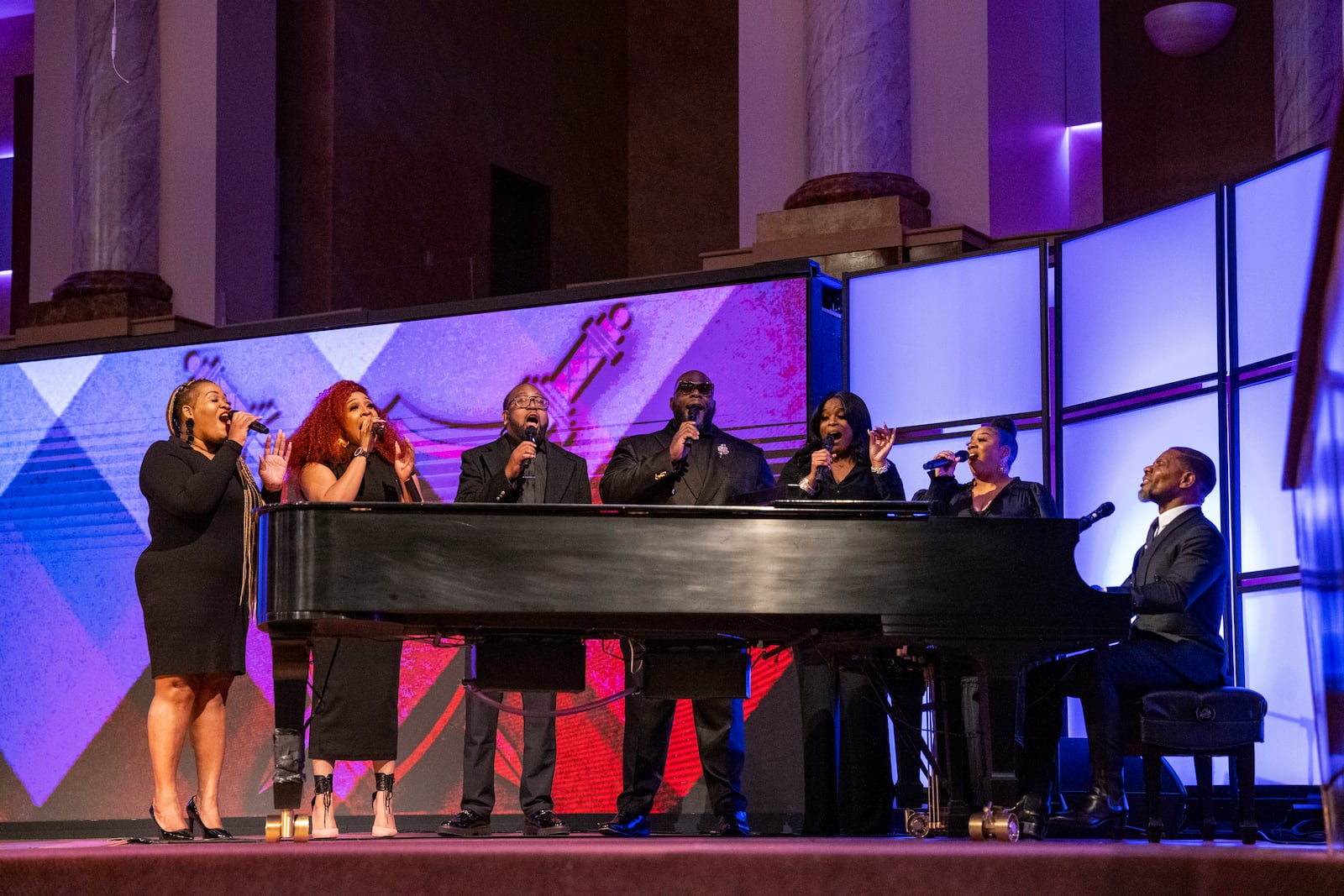 Renowned Gospel Music singer, Kirk Franklin, performs at the memorial service for singer and actress Angie Stone, Friday, March 14, 2025, in Austell. Ga. (AP Photo/Olivia Bowdoin)