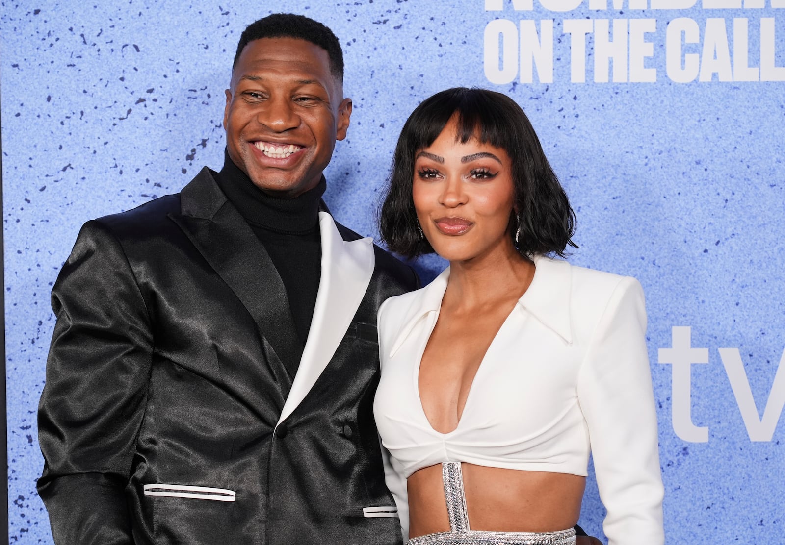 Actors Jonathan Majors, left, and Meagan Good pose together at the premiere of the documentary film "Number One on the Call Sheet" at the TCL Chinese Theatre on Wednesday, March 12, 2025, in Los Angeles. (AP Photo/Chris Pizzello)