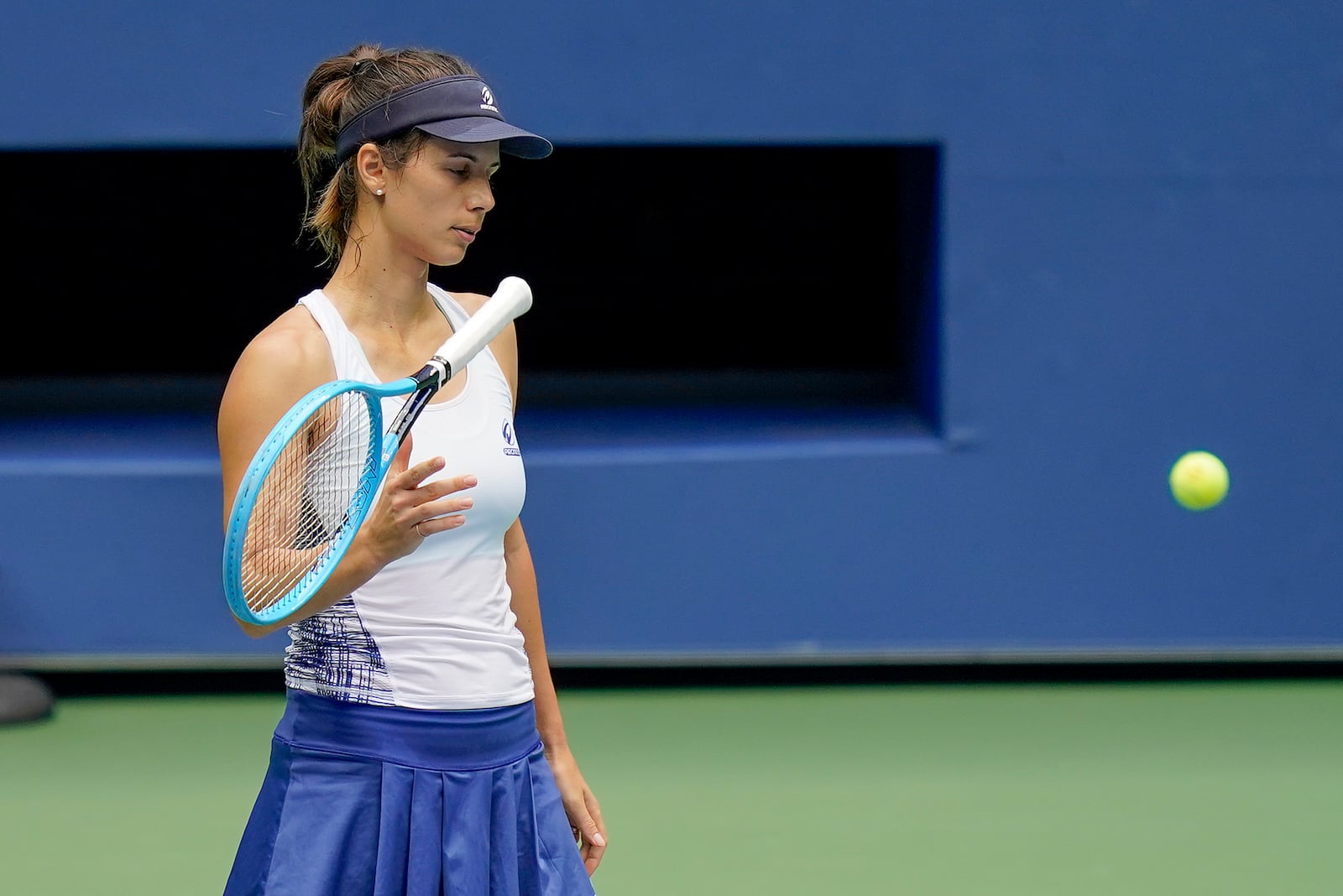 Tsvetana Pironkova, of Bulgaria, reacts during a match against Serena Williams, of the United States, during the quarterfinals of the US Open tennis championships, Wednesday, Sept. 9, 2020, in New York. (AP Photo/Seth Wenig)