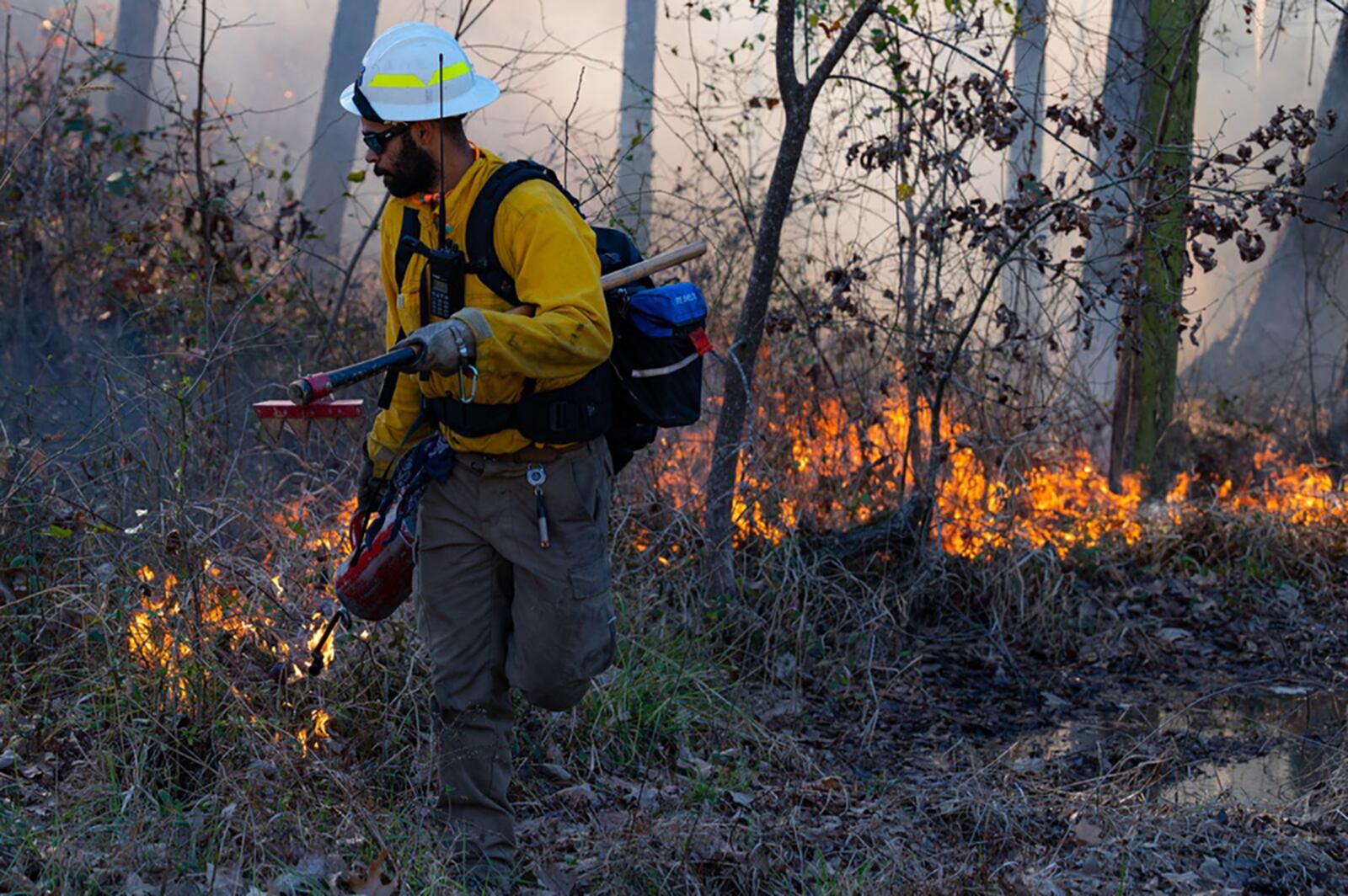 Melcolm Crutchfield, U.S. Fish and Wildlife seasonal firefighter, begins a prescribed burn on Barksdale East Reservation, Louisiana, Jan. 28. Approximately 400 acres of Barksdale woods were part of the burn to help clear underbrush before warmer seasons bring increased risk of wildfires. U.S. AIR FORCE PHOTO/AIRMAN 1ST CLASS CHASE SULLIVAN