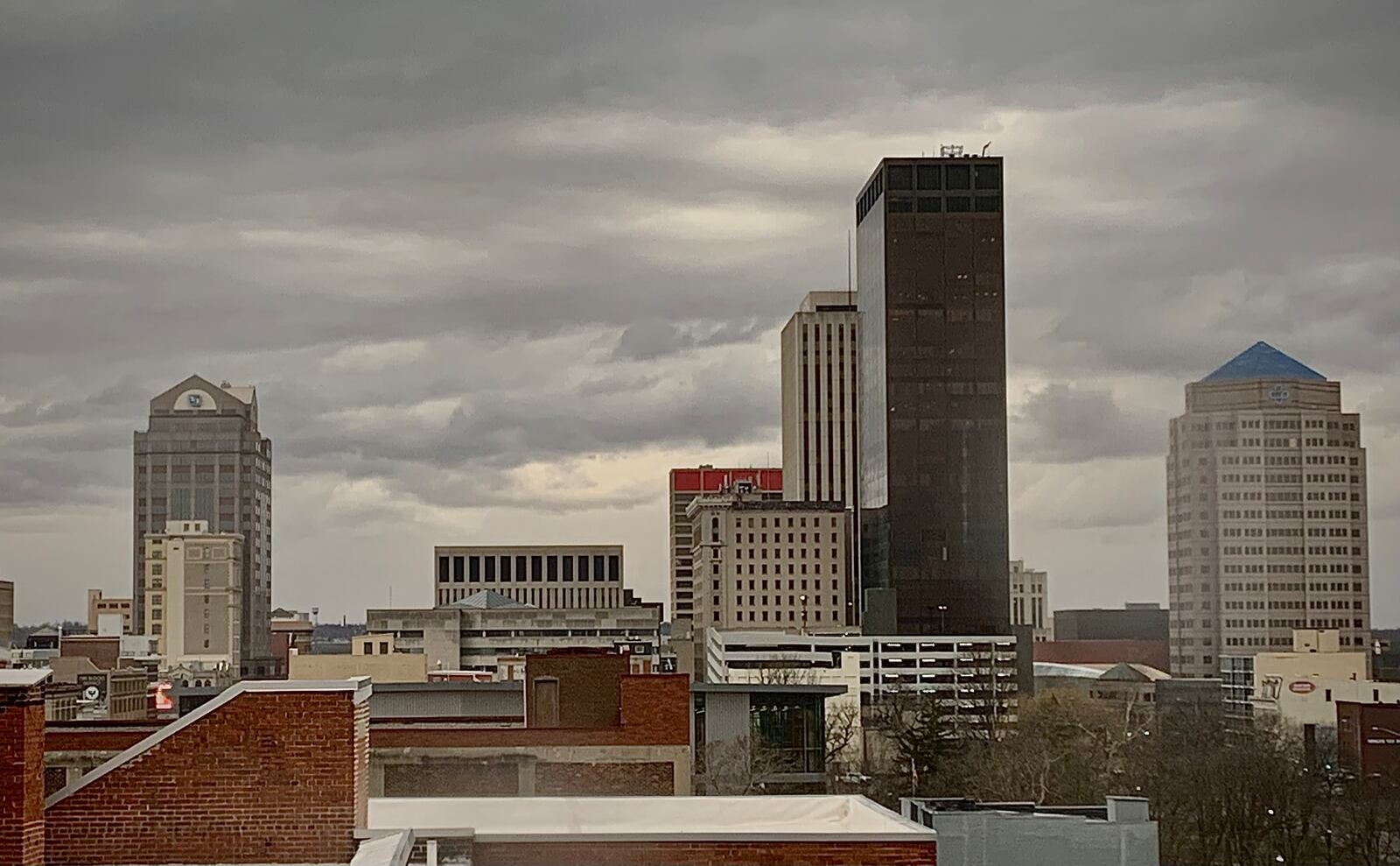 Gray winter cloud cover looms over downtown Dayton on Thursday, Jan. 19, 2023. MARSHALL GORBY/STAFF