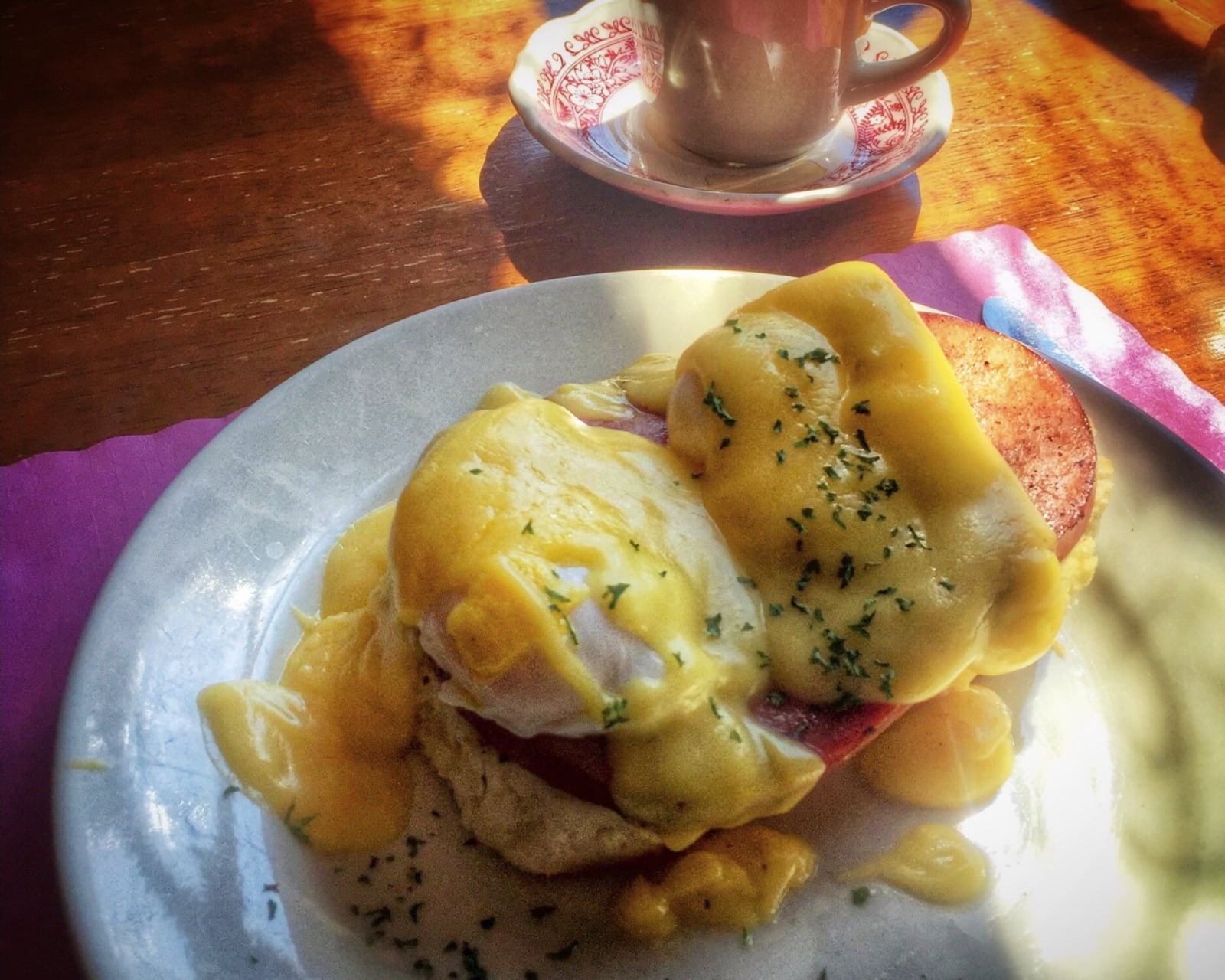 The Clifton Mill "Eggs Benedict" is a twist on an old favorite, with eggs and ham served on a biscuit.