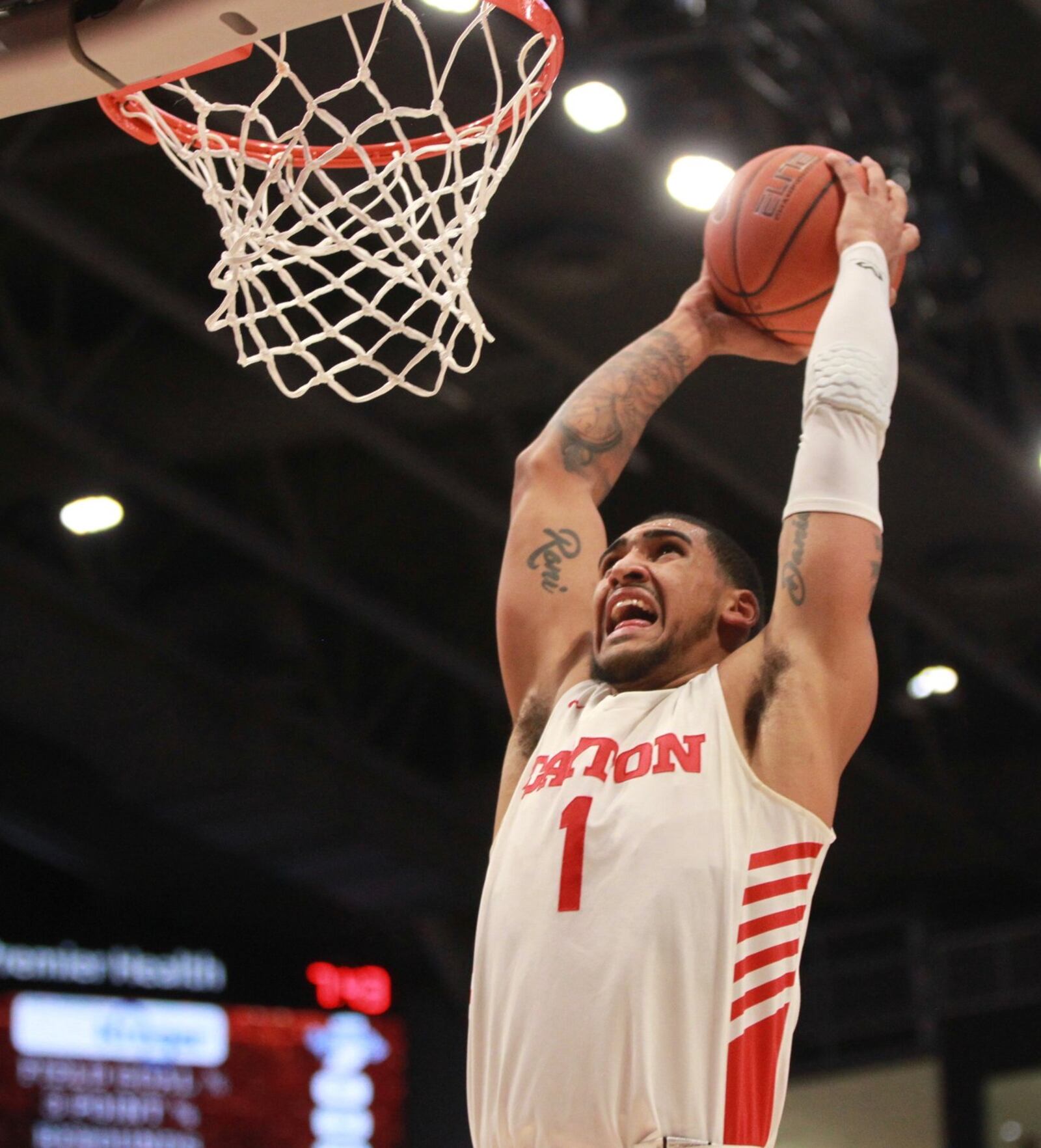 Dayton’s Obi Toppin dunks against Indiana State on Saturday, Nov. 9, 2019, at UD Arena. David Jablonski/Staff