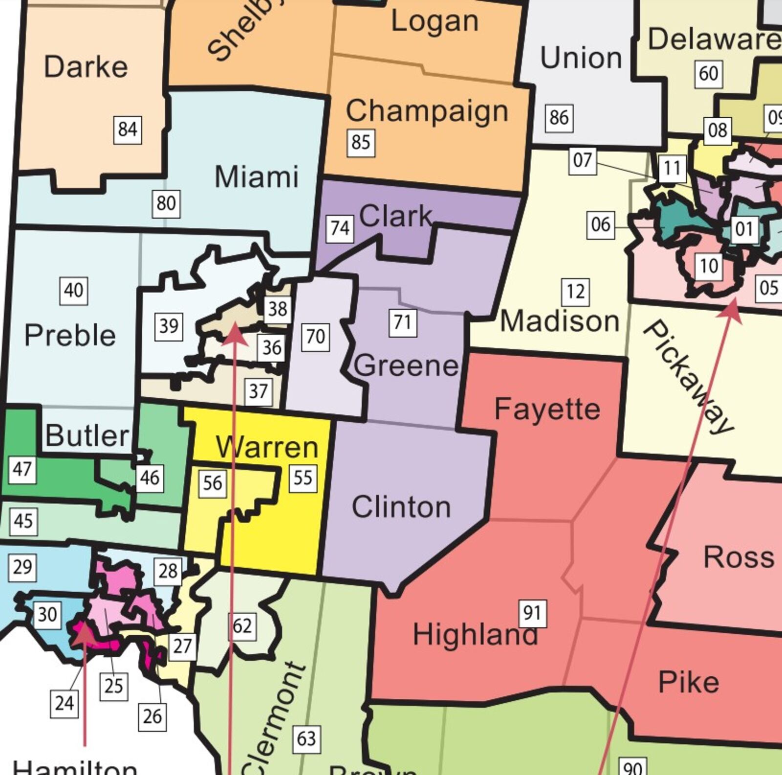 The district map Ohio voters will vote along on Nov. 8. District 71 runs from southern Clark County to all of Clinton County, crossing multiple community lines.