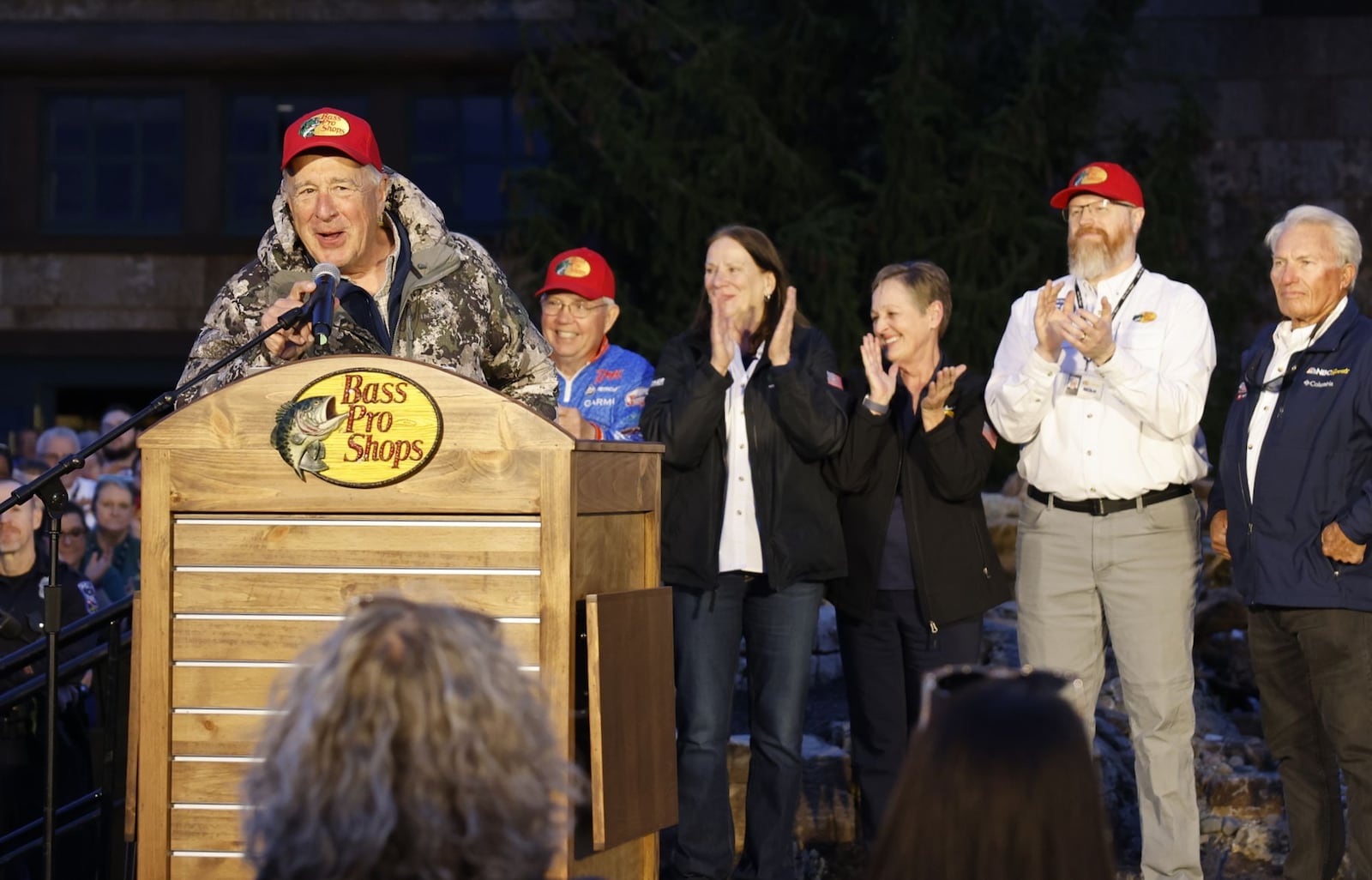 Bass Pro Shops CEO Johnny Morris speaks to the crowd during the grand opening of Bass Pro Shops Wednesday, Feb. 21, 2024 in West Chester Township. NICK GRAHAM/STAFF