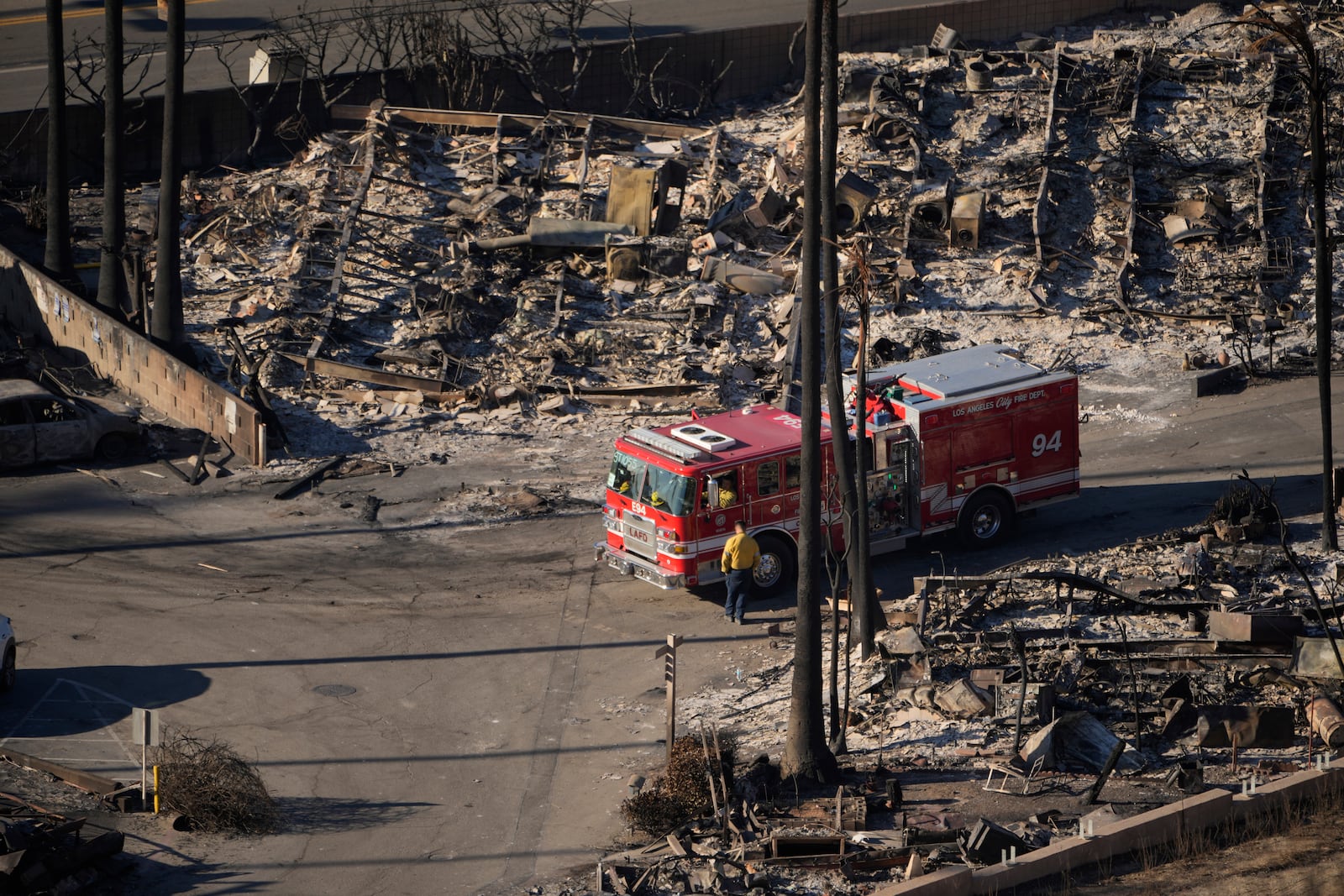 The Pacific Palisades Bowl Mobile Estates destroyed by the Palisades Fire is seen in the Pacific Palisades neighborhood of Los Angeles, Thursday, Jan. 16, 2025. (AP Photo/Damian Dovarganes)