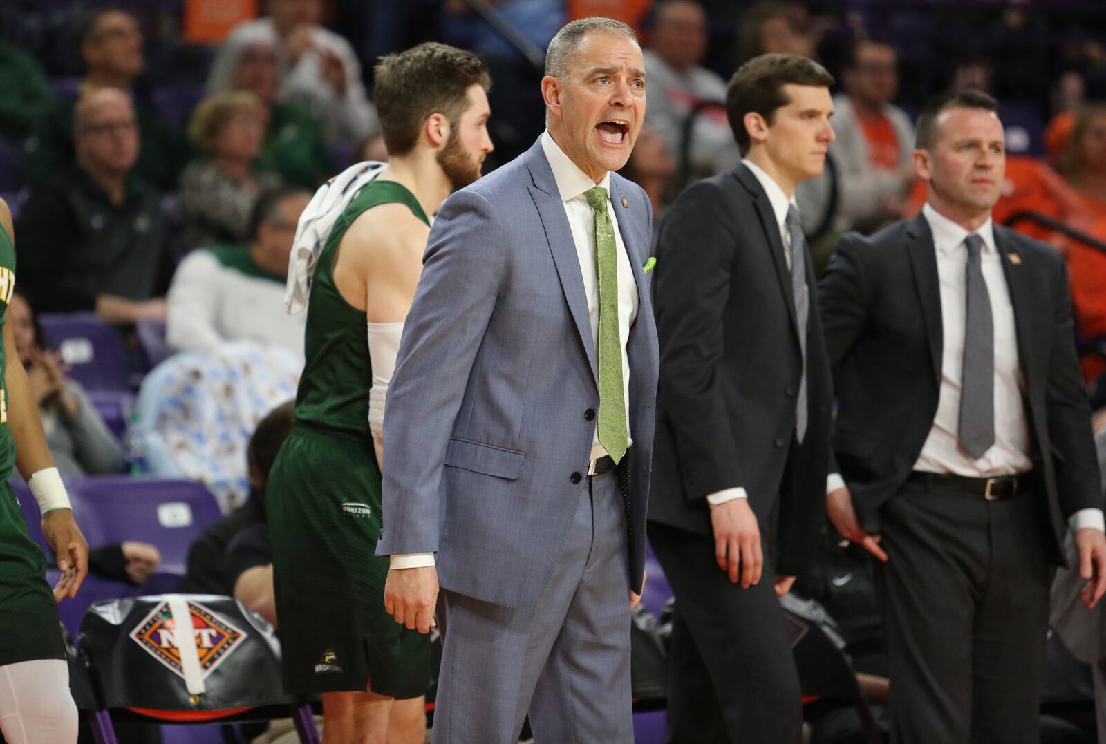 Wright State Scott Nagy reacts to a call during Tuesday night’s NIT game against Clemson at Littlejohn Coliseum in Clemson, S.C. Clemson won 75-69. PHOTO COURTESY OF CLEMSON ATHLETICS