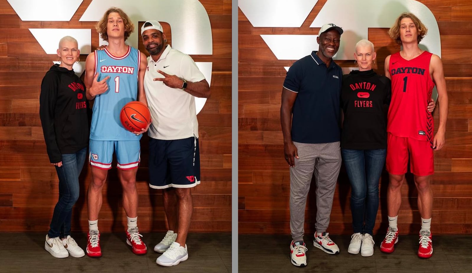 Petras Padegimas and his mom Natalja pose for photos with Dayton coaches Ricardo Greer and Anthony Grant at UD Arena in June 2023. Contributed photo