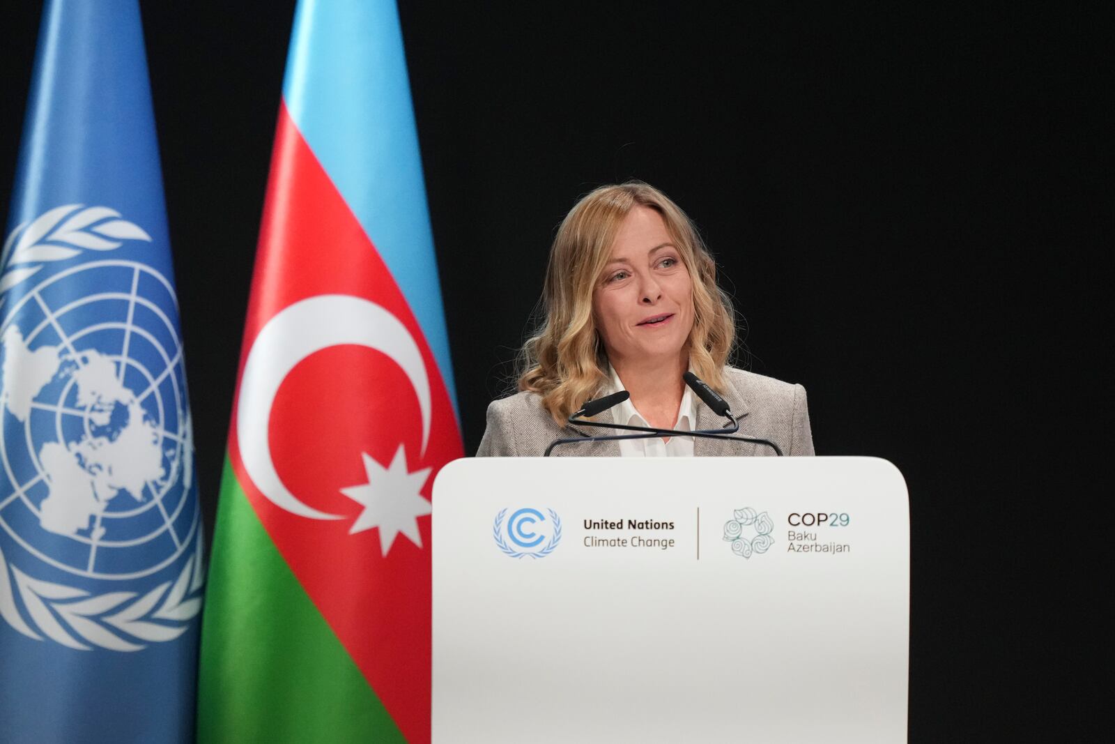 Italy Prime Minister Giorgia Meloni speaks during a plenary session at the COP29 U.N. Climate Summit, Wednesday, Nov. 13, 2024, in Baku, Azerbaijan. (AP Photo/Sergei Grits)