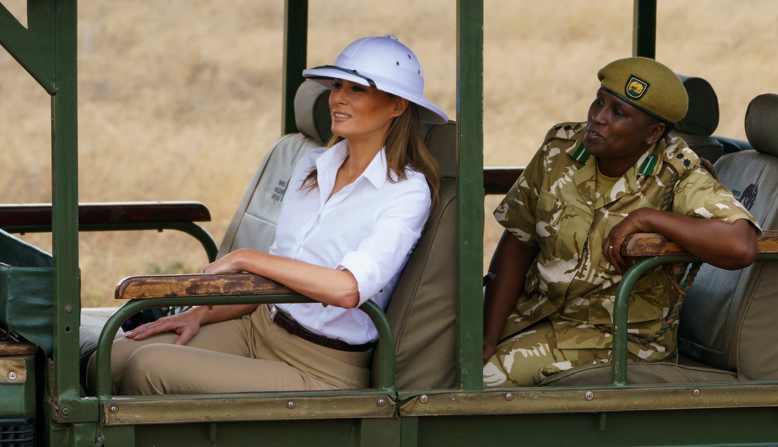 FILE - In this Friday, Oct. 5, 2018 file photo, U.S. first lady Melania Trump looks out over Nairobi National Park in Nairobi, Kenya, during a brief safari. (AP Photo/Carolyn Kaster, File)