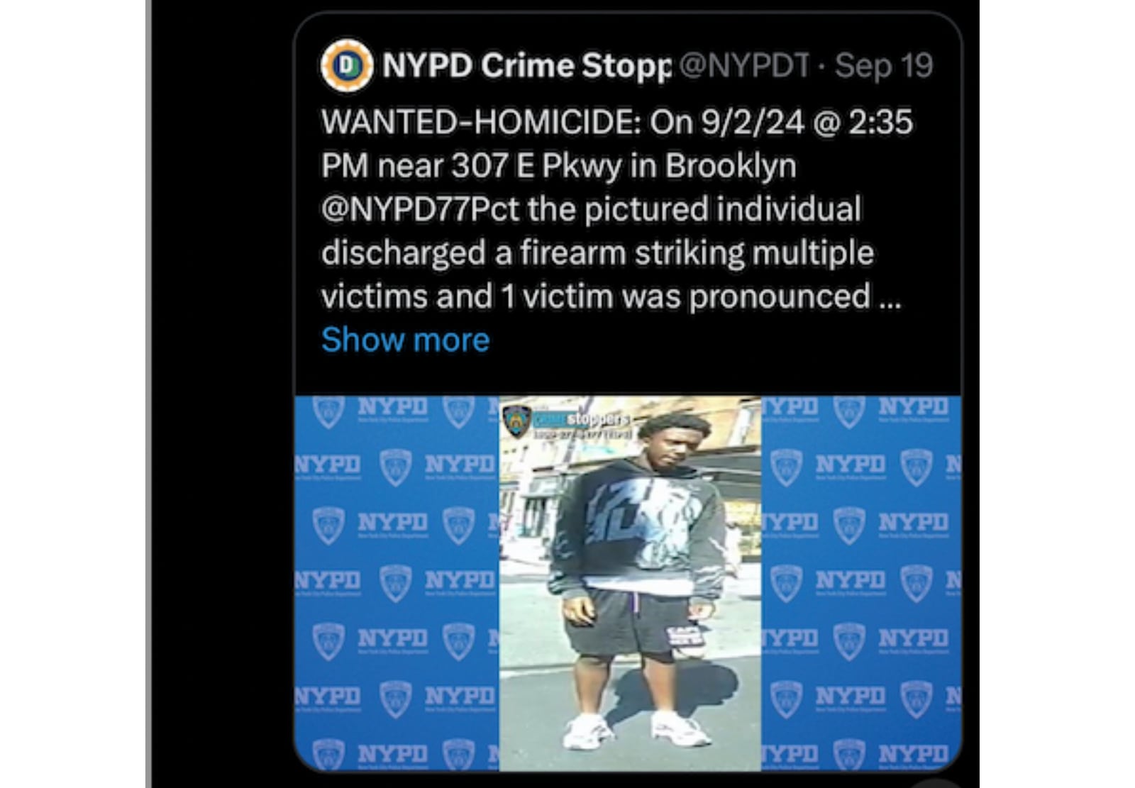 This screengrab of a New York Police Department post on the social media site X shows Camden Lee, who was wrongfully identified by the police as a shooter in a homicide at the West Indian American Day Parade, Sept. 19, 2024, in the Brooklyn borough of New York. (NYPD via AP)