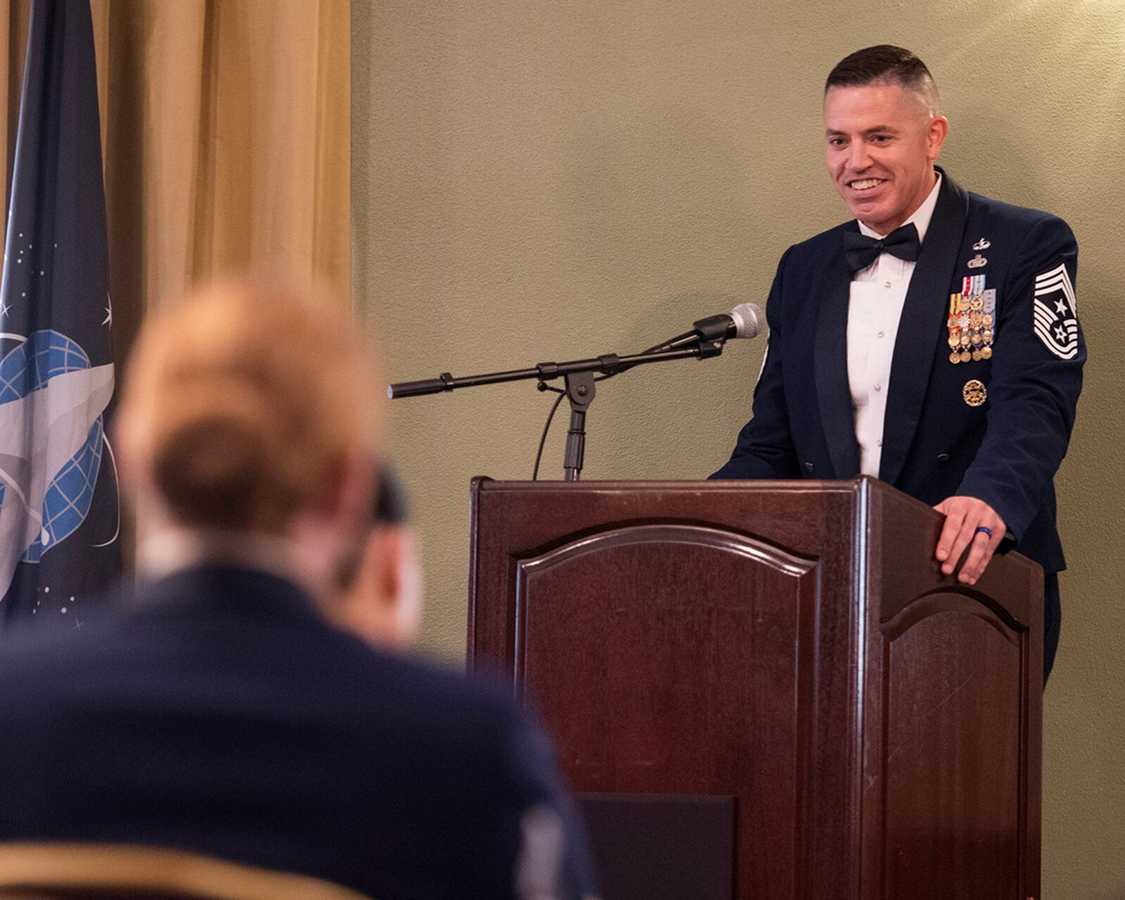 Chief Master Sgt. Jason Shaffer, 88th Air Base Wing command chief, delivers remarks July 23 during the Senior Noncommissioned Officer Induction Ceremony. U.S. AIR FORCE PHOTO/WESLEY FARNSWORTH