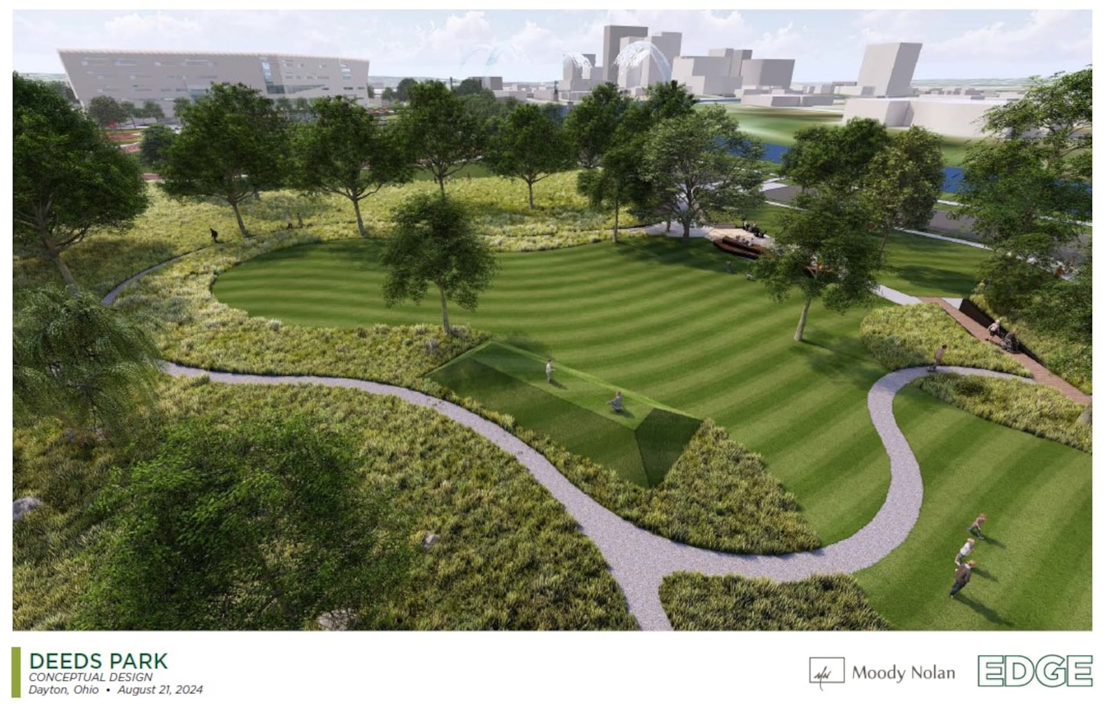 A conceptual rendering of what the proposed Colonel Deeds Park might look like. The new public park will be built just north of the Greater Dayton School. CONTRIBUTED