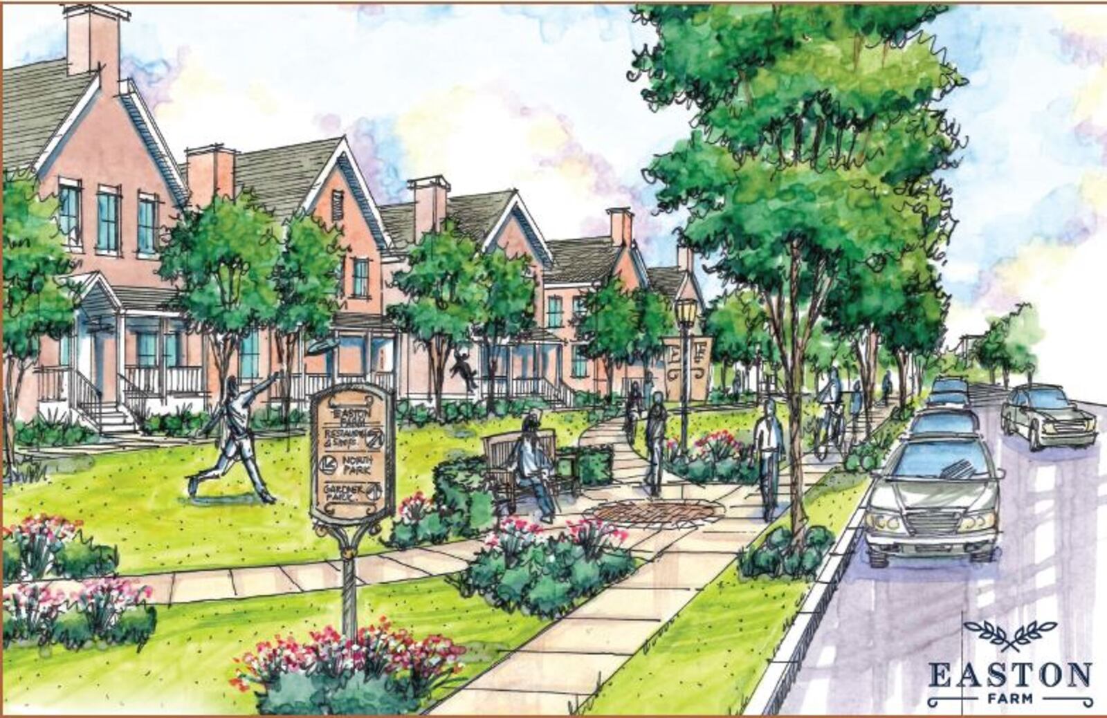 An artist's rendering of residential homes in the proposed Easton Farm mixed use development. CONTRIBUTED/DILLIN LLC and BORRER