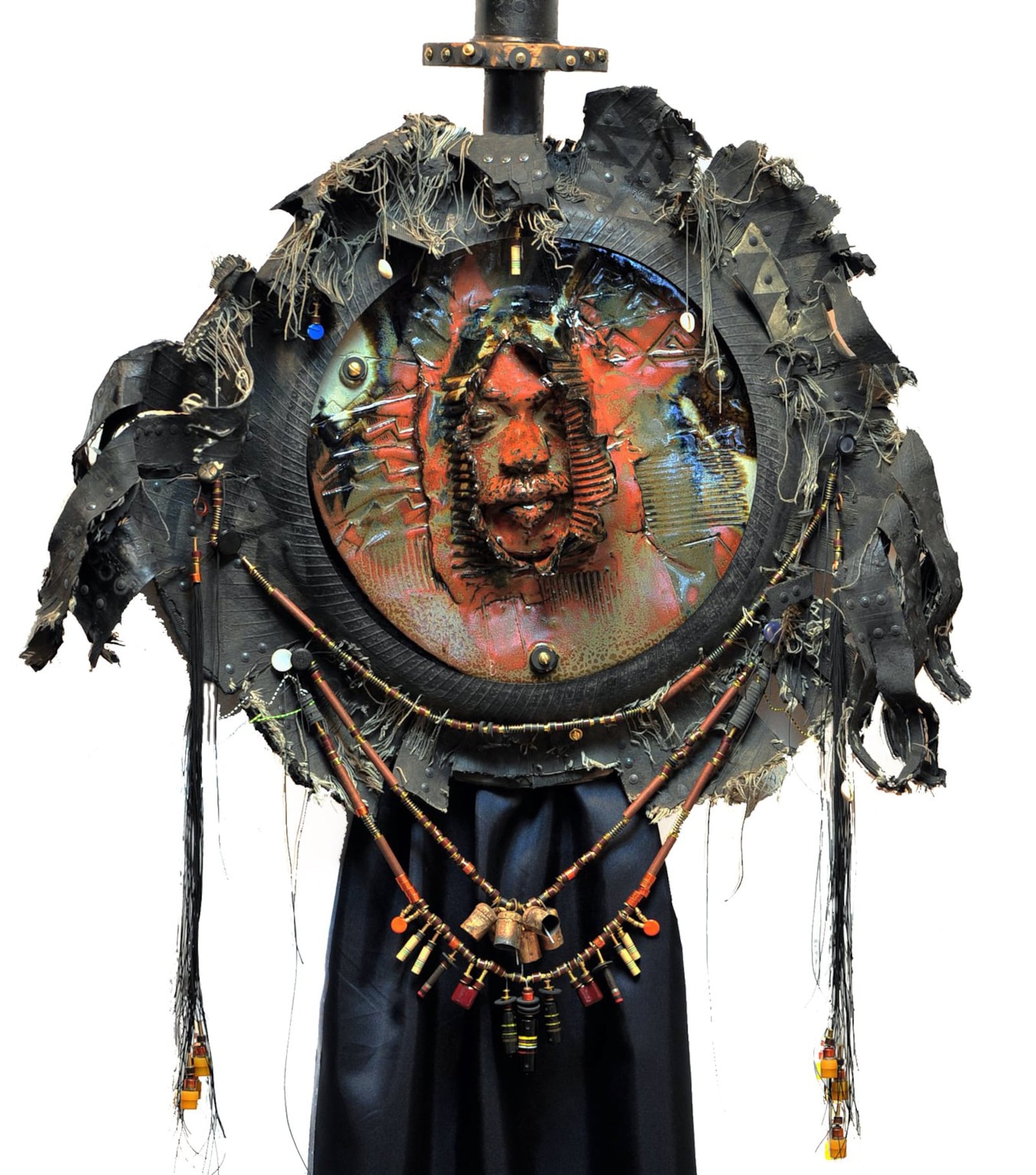 “Urban Mask #1” by artist Bing Davis incorporates materials he found at Mendelson’s. CONTRIBUTED