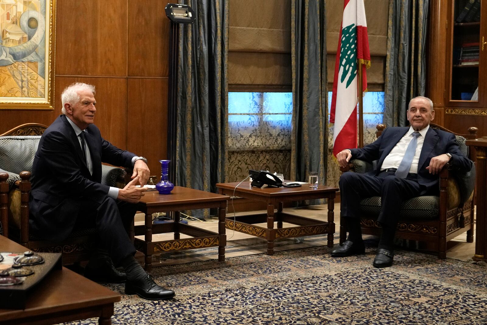 European Union foreign policy chief Josep Borrell, left, meets with Lebanese Parliament speaker Nabih Berri, righr, in Beirut, Lebanon, Sunday, Nov. 24, 2024. (AP Photo/Hassan Ammar)