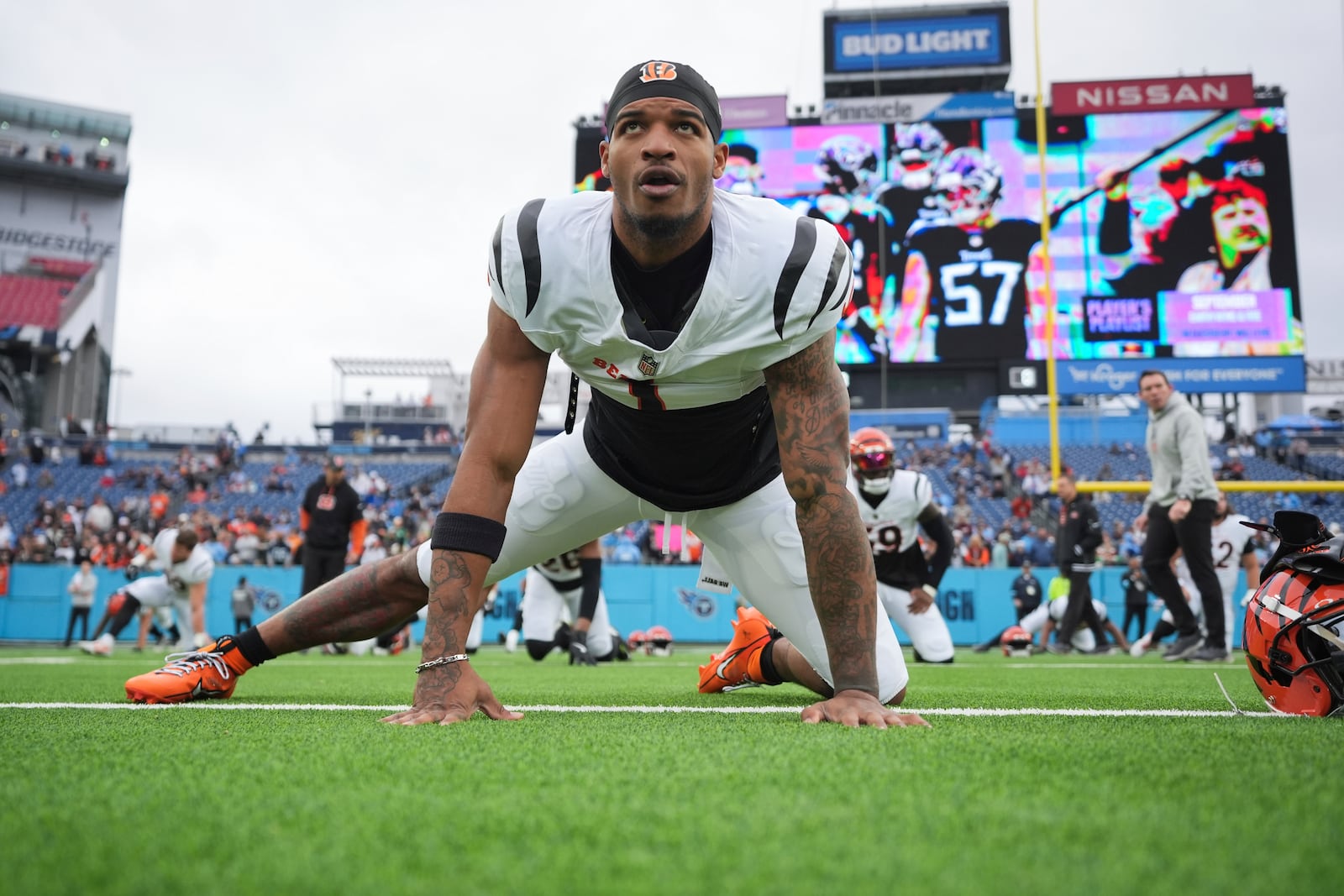 Cincinnati Bengals wide receiver Ja'Marr Chase warms up before an NFL football game against the Tennessee Titans, Sunday, Dec. 15, 2024, in Nashville, Tenn. (AP Photo/George Walker IV)