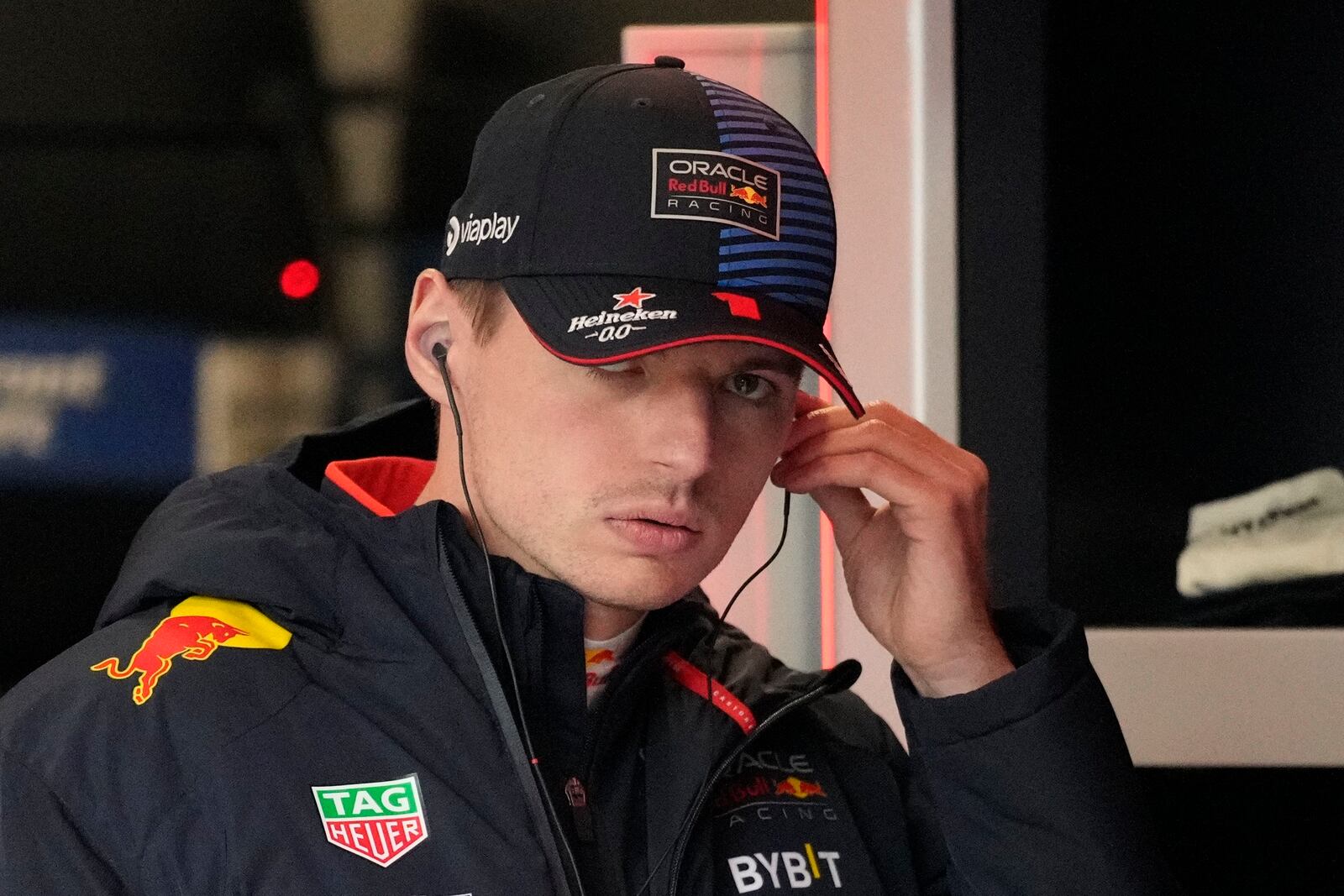 Red Bull driver Max Verstappen, of the Netherlands, waits in the garage before the final practice session for the Formula One U.S. Grand Prix auto race, Friday, Nov. 22, 2024, in Las Vegas. (AP Photo/John Locher)