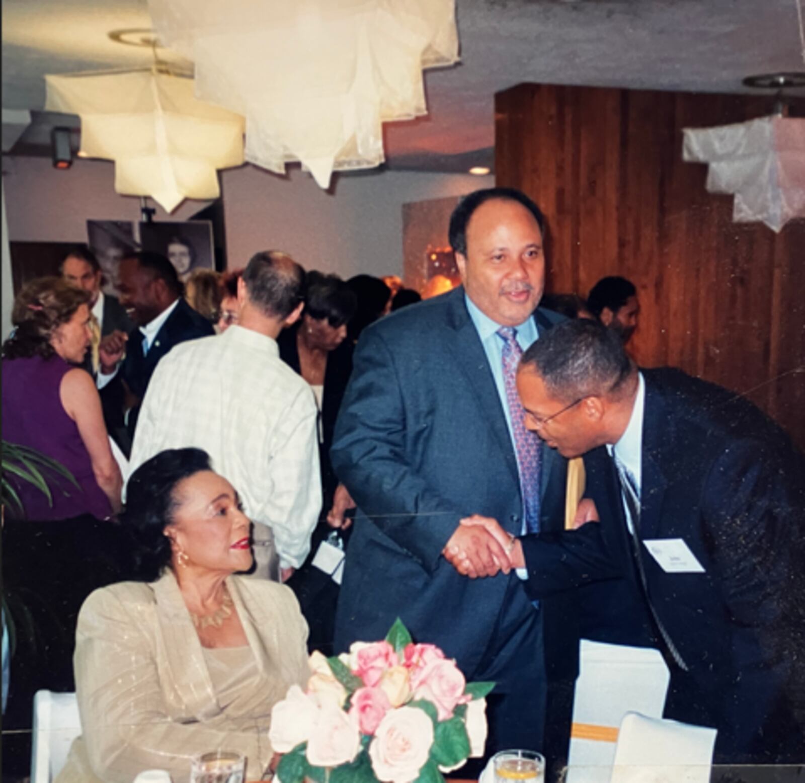 Coretta Scott King, Martin Luther King, II, John Gudgel, II whose father worked in the dining hall when she was a student, 2004, image courtesy of Antioch College