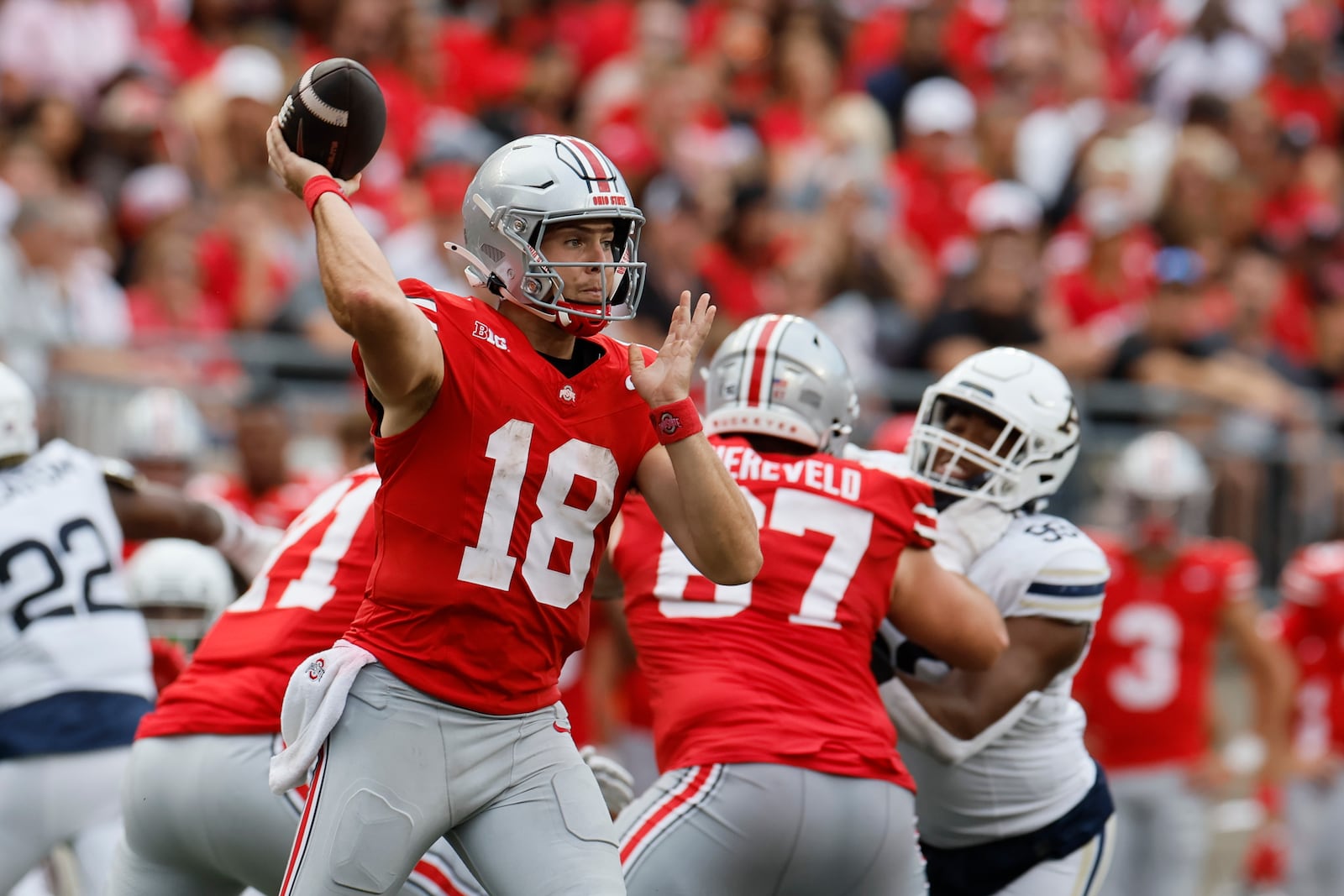 Ohio State quarterback Will Howard (18) looks to throw a pass against Akron during the second half of an NCAA college football game Saturday, Aug. 31, 2024, in Columbus, Ohio. (AP Photo/Jay LaPrete)