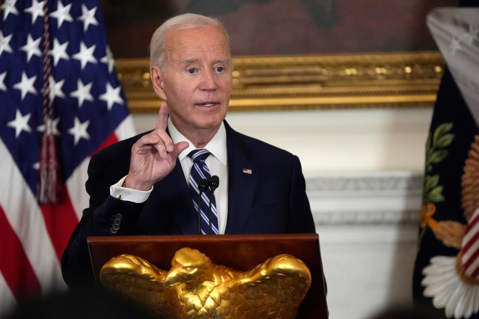 President Joe Biden speaks at a reception for new Democratic members of Congress in the State Dining Room of the White House, Sunday, Jan. 5, 2025, in Washington. (AP Photo/Manuel Balce Ceneta)