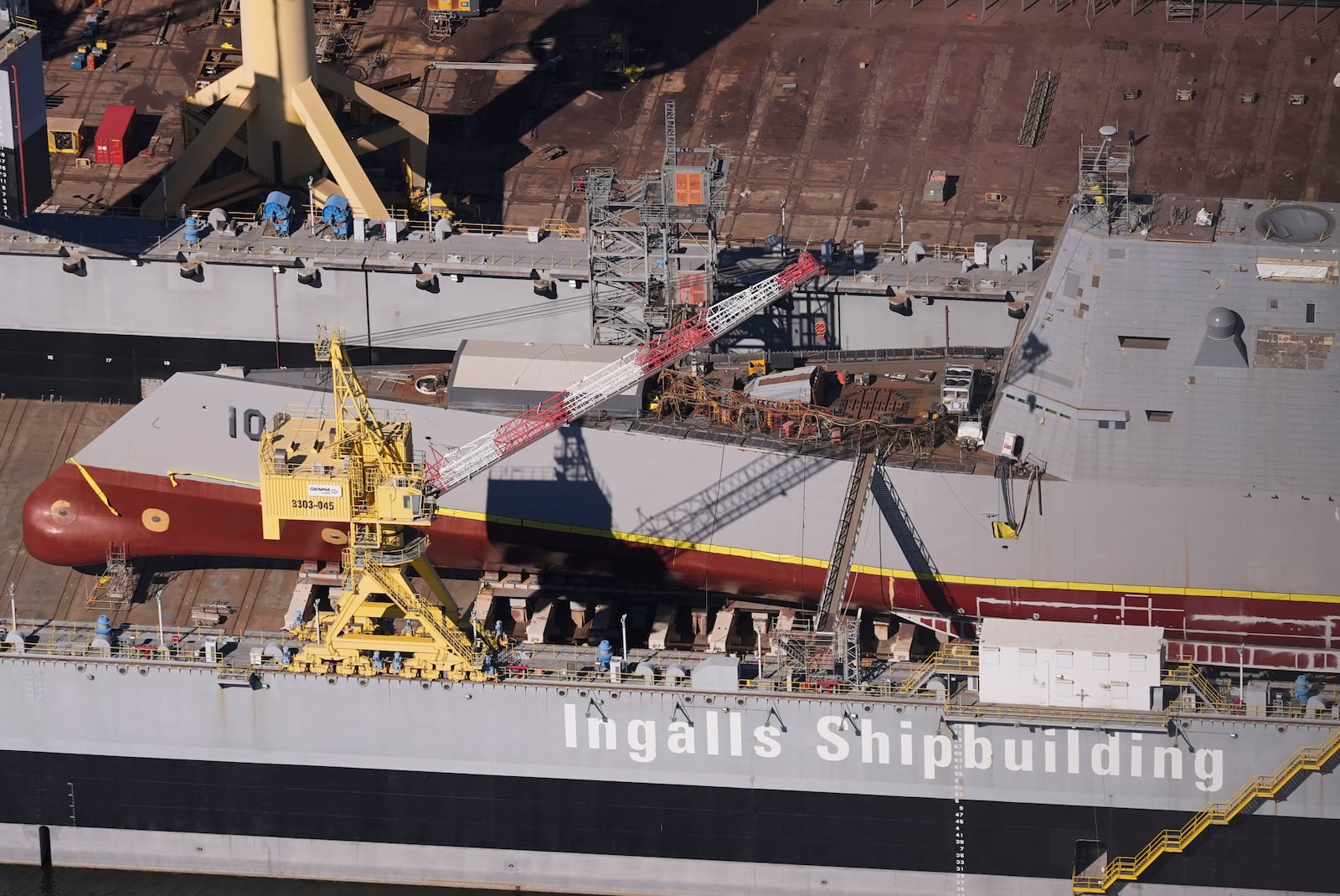 The USS Zumwalt is seen at the Huntington Ingalls shipyard in Pascagoula, Miss., Thursday, Nov. 21, 2024. (AP Photo/Gerald Herbert)