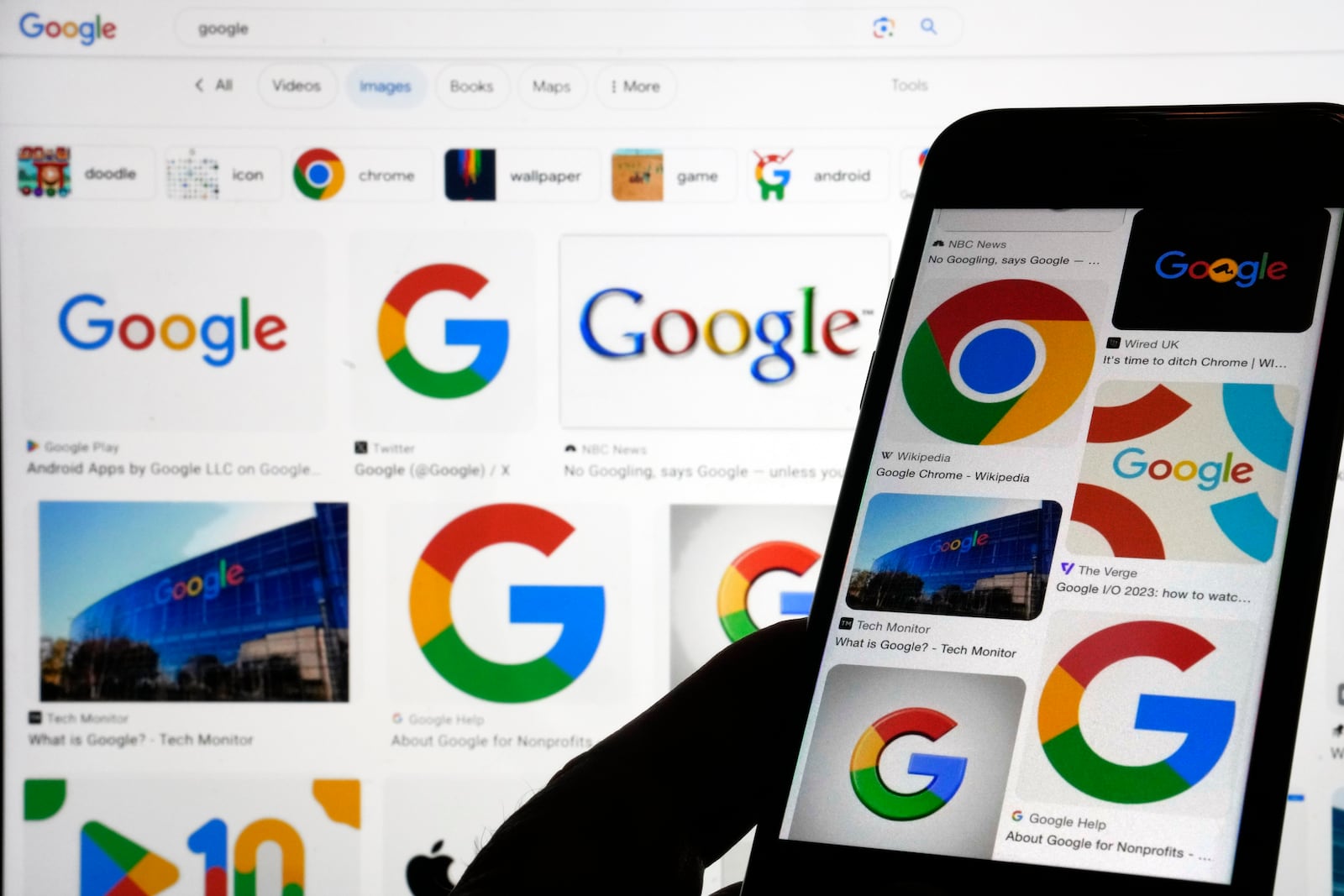 FILE - Google logos are shown when searched on Google in New York, Sept. 11, 2023. (AP Photo/Richard Drew, File)