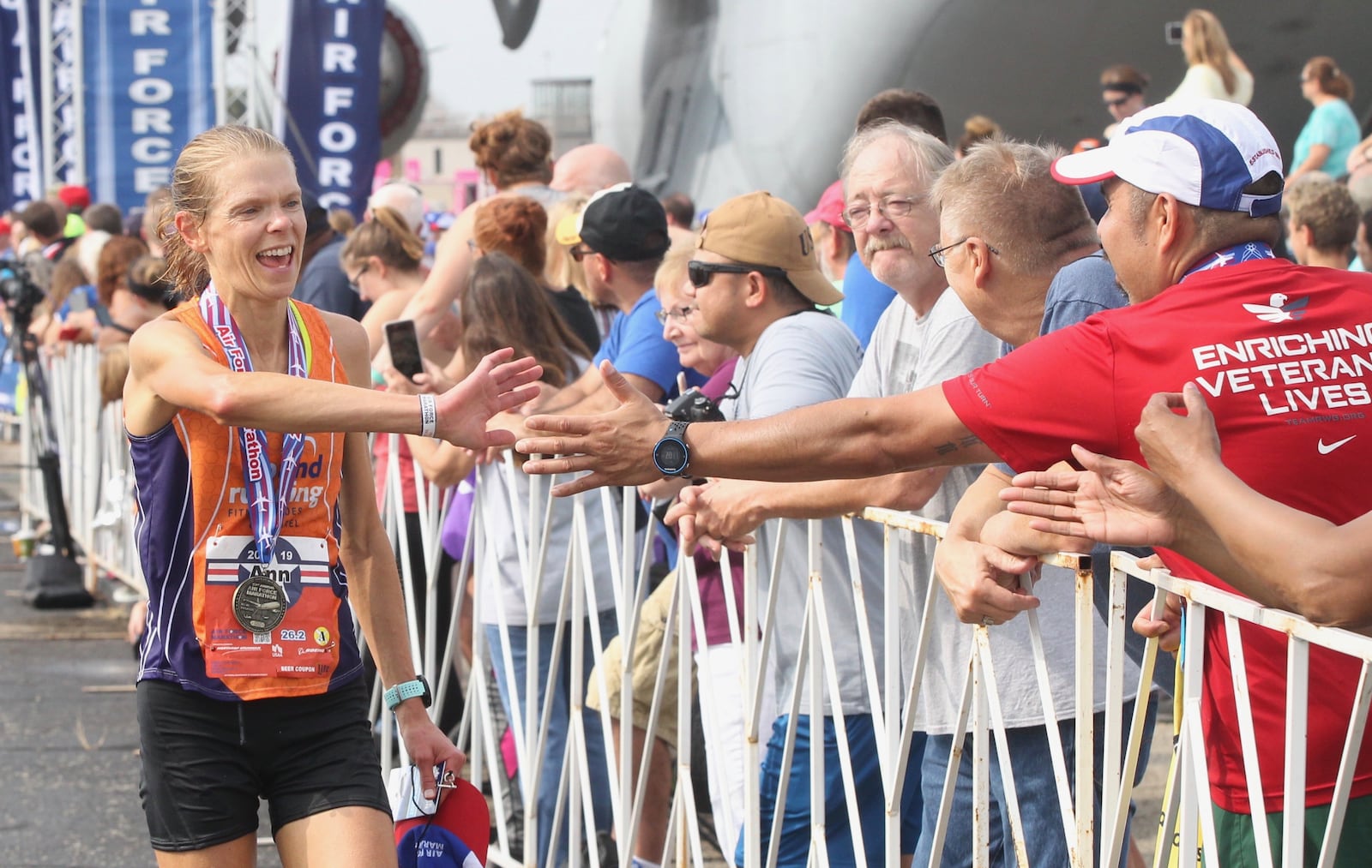 Scenes from the finish line at the Air Force Marathon on Saturday, Sept. 21, 2019, at Wright-Patterson Air Force Base in Fairborn. David Jablonski/Staff