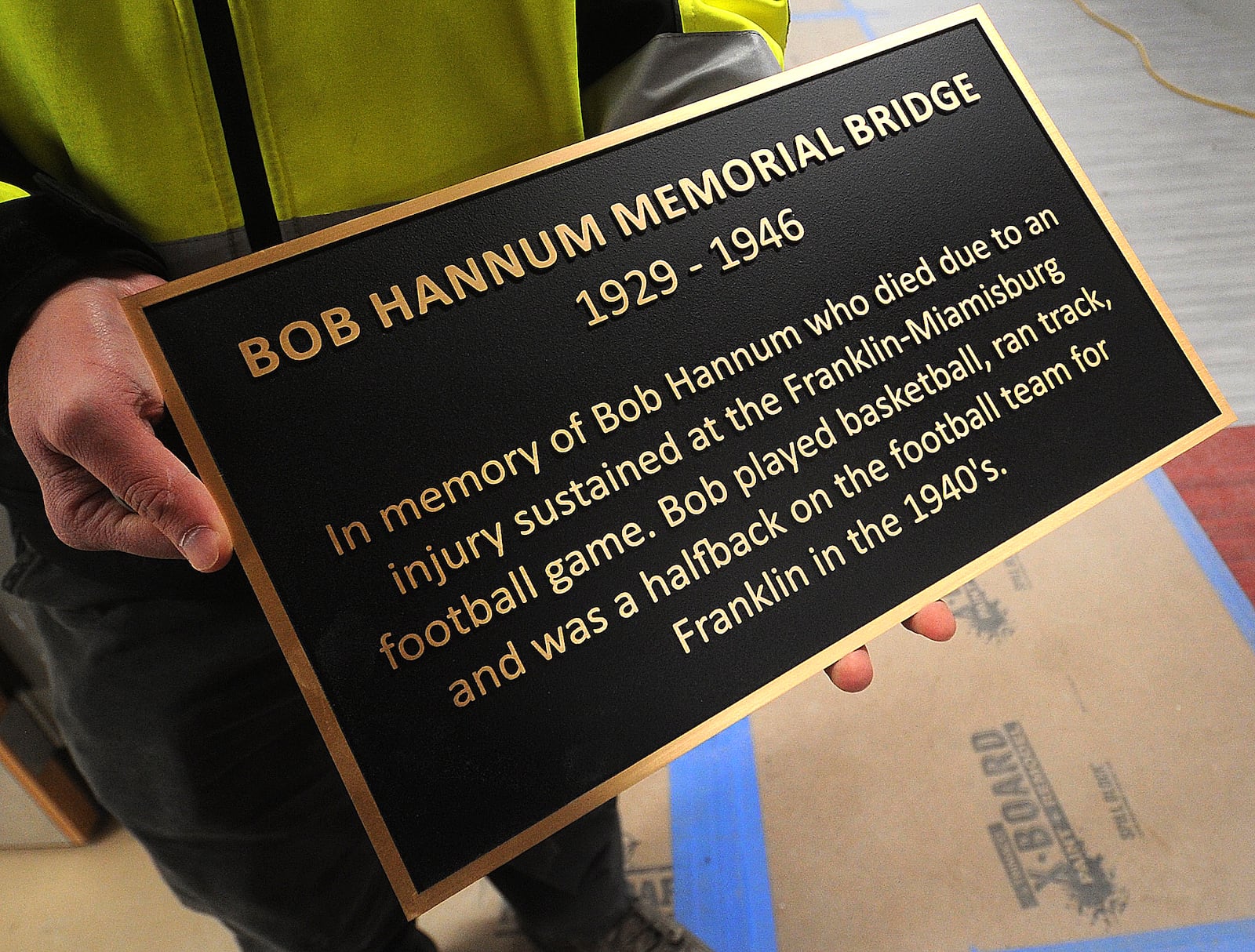 A new plaque for the Bob Hannum Memorial Bridge at the new Franklin High School. MARSHALL GORBY\STAFF