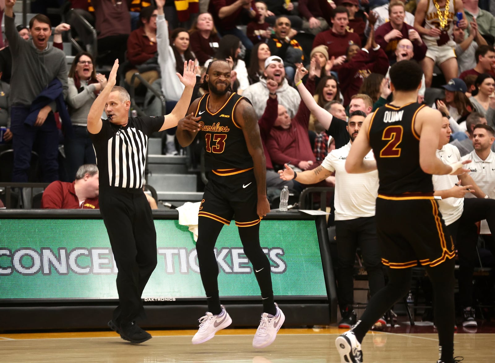 Loyola Chicago's Sheldon Edwards celebrates after making a 3-pointer in the second half against Dayton on Friday, Feb. 21, 2025, at Gentile Arena in Chicago. David Jablonski/Staff