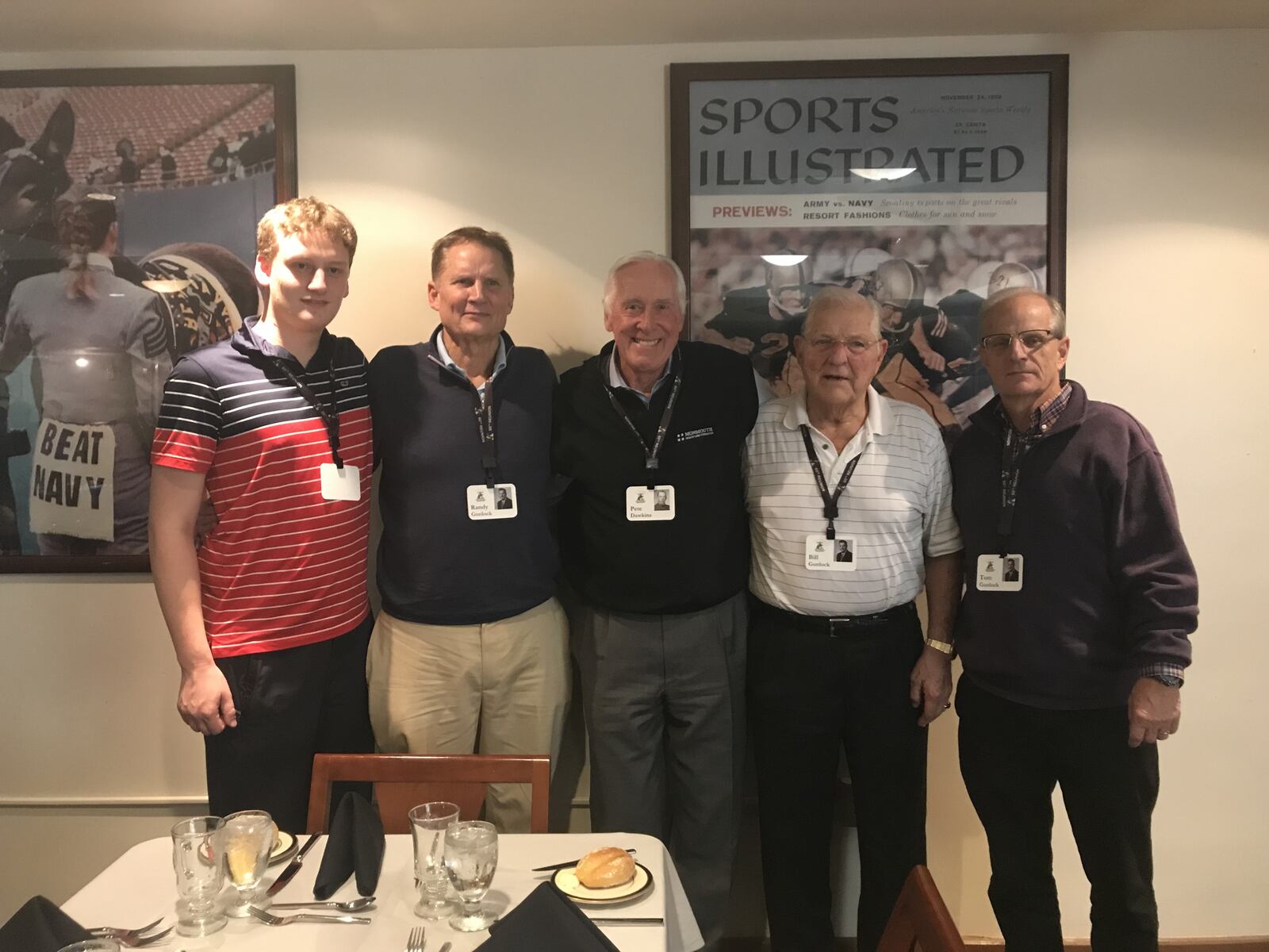 Bill Gunlock with his sons Randy (second from left) and Tom (right), his grandson Zach (left) and Pete Dawkins (center), the Army halfback who won the Heisman Trophy in 1958 and went on to become a Brigadier General in the Army. Bill was one of his coaches at West Point. CONTRIBUTED