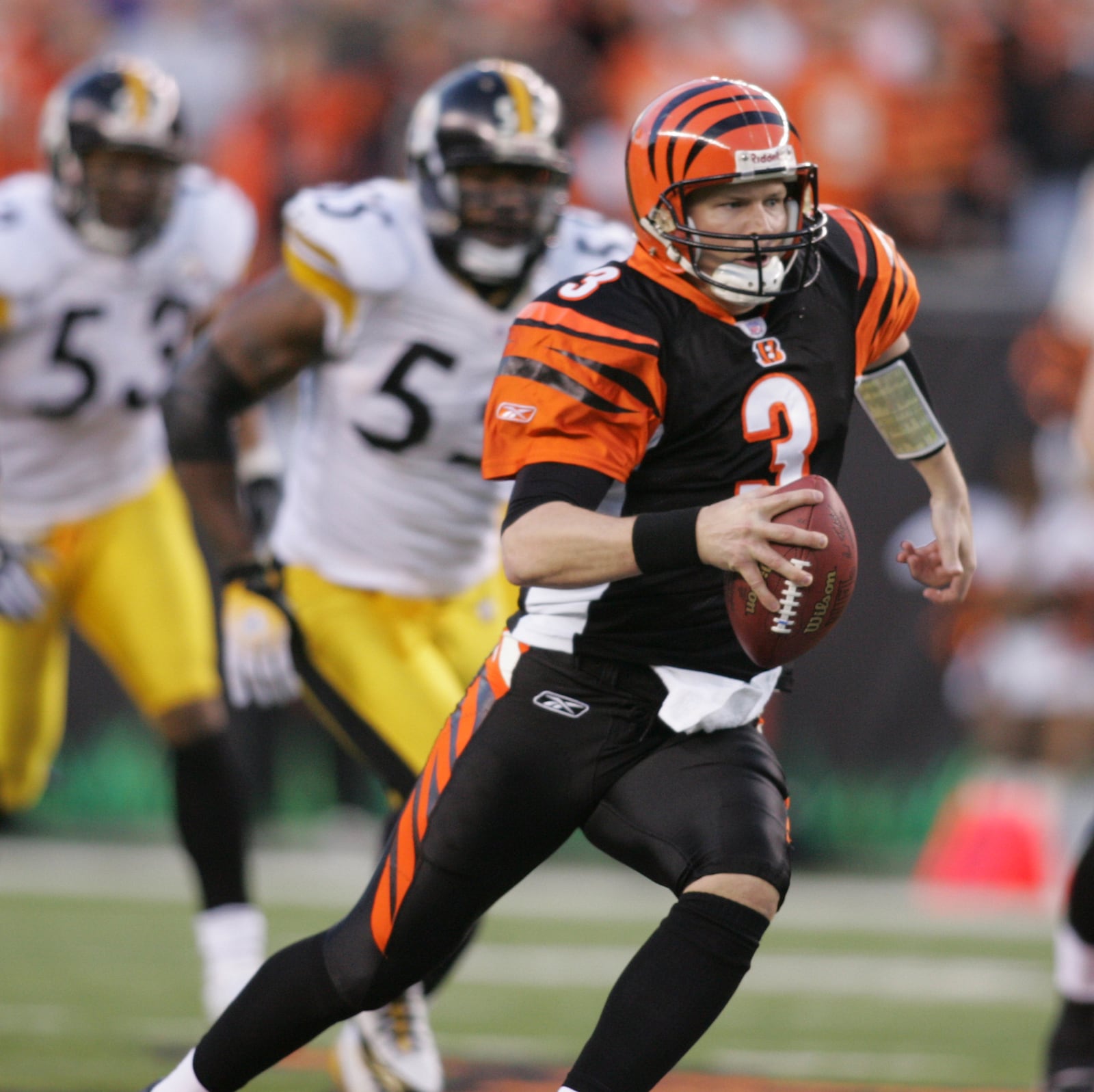 Jon Kitna scrambles for a first down early in the first quarter. Kitna played most of the game to to an injury to Carson Palmer. The Bengals lost 31 to 17 to the Pittsburgh Steelers. Photo by Ron Alvey.