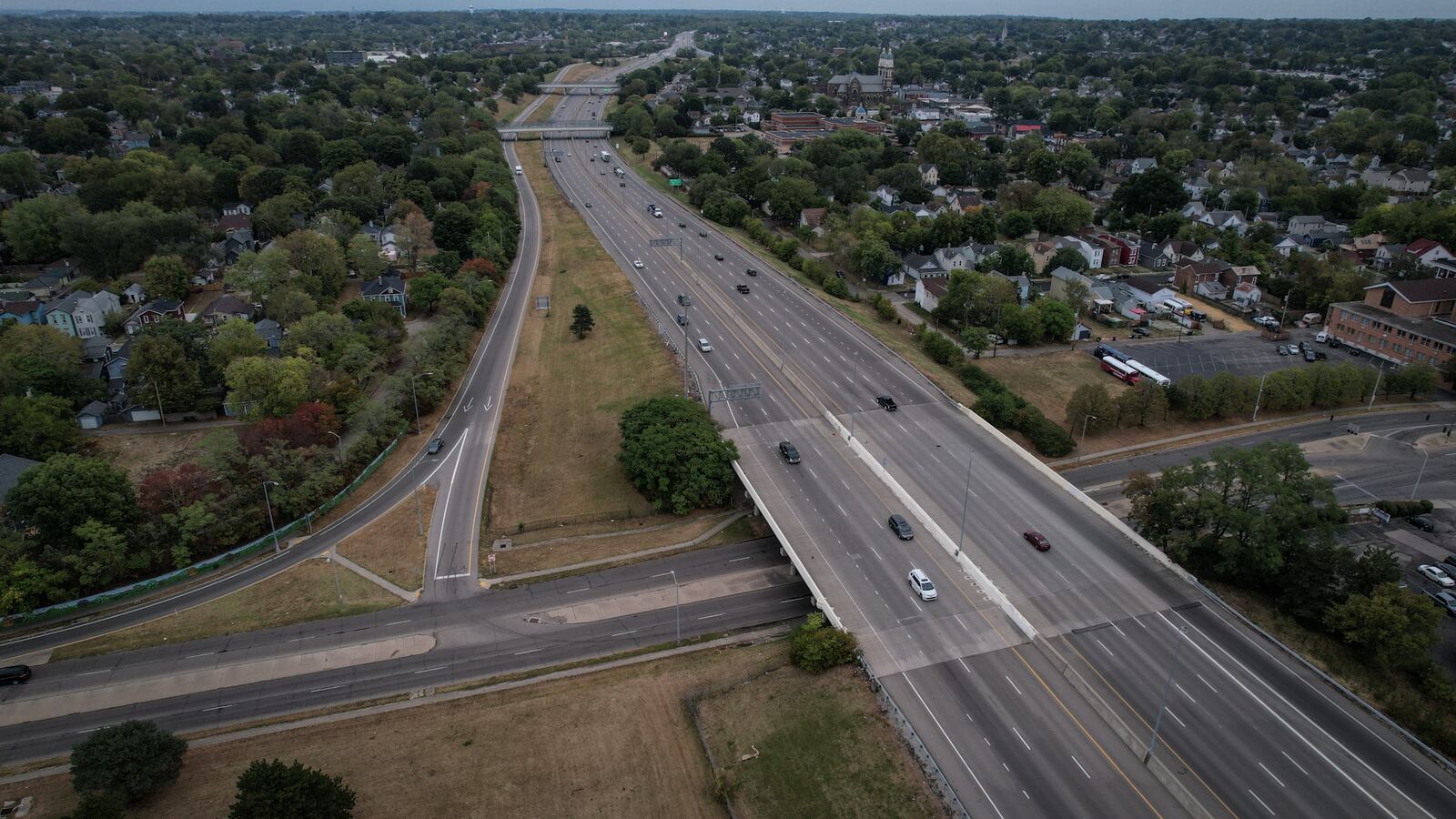 This is an aerial of US 35 and Keowee Street. The city of Dayton wants to study ways to make the highway's connections work better for motorists and the community. JIM NOELKER/STAFF