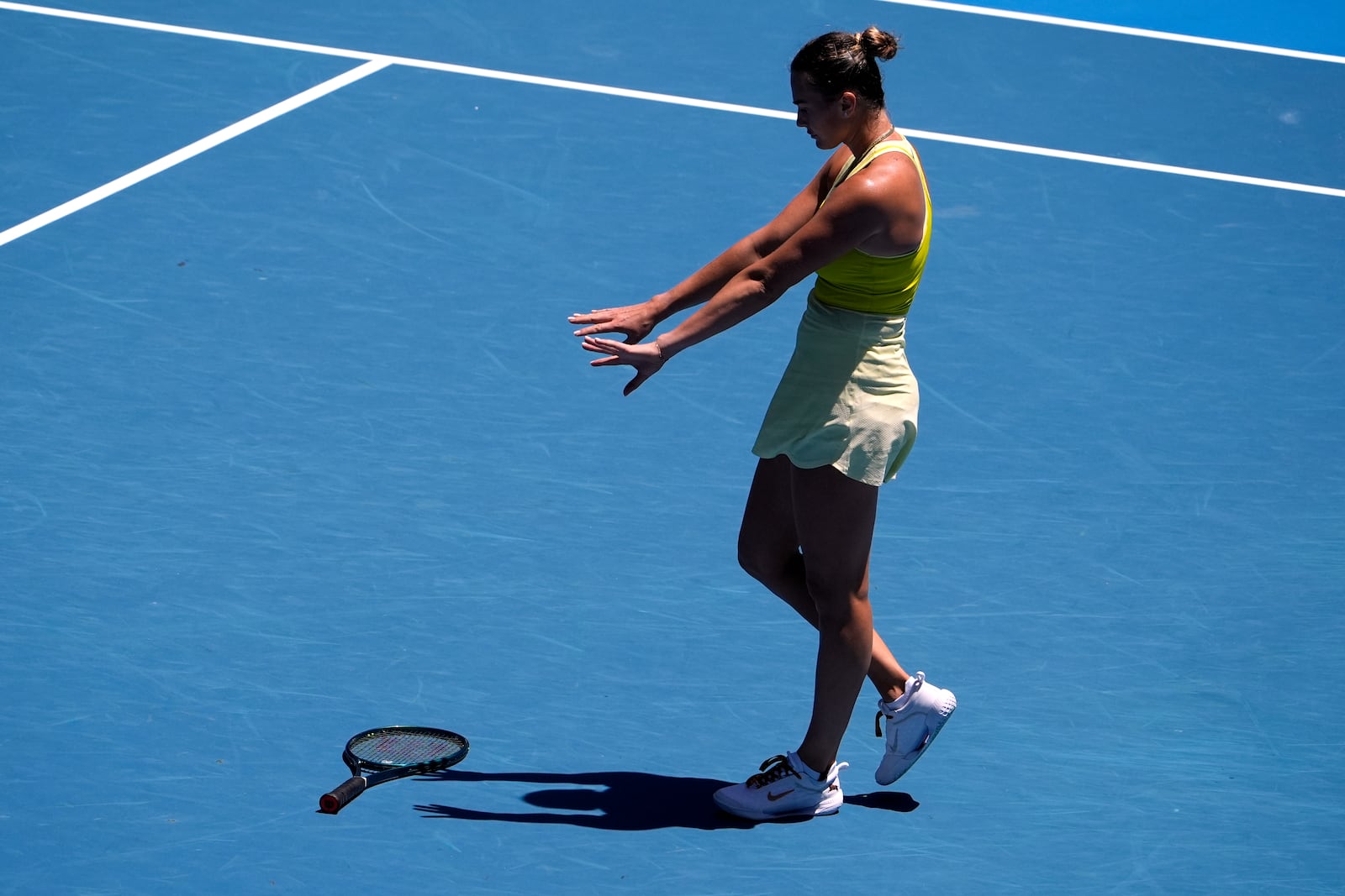 Aryna Sabalenka of Belarus reacts during her third round match against Clara Tauson of Denmark at the Australian Open tennis championship in Melbourne, Australia, Friday, Jan. 17, 2025. (AP Photo/Asanka Brendon Ratnayake)