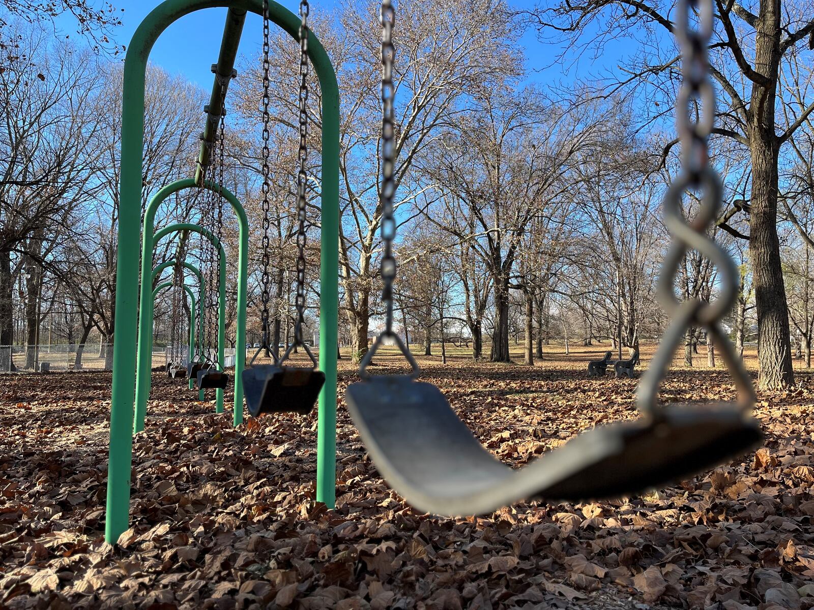 A swing set at Triangle Park. The park is getting some major upgrades, including new shelters and restrooms. Some aging shelters will be torn down. CORNELIUS FROLIK / STAFF