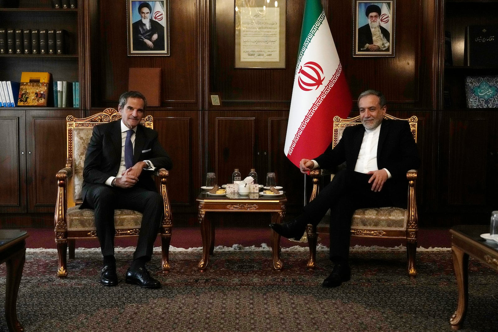 International Atomic Energy Agency (IAEA) Director General Rafael Mariano Grossi, left, meets with Iranian Foreign Minister Abbas Araghchi in Tehran, Iran, Thursday, Nov. 14, 2024. (AP Photo/Vahid Salemi)