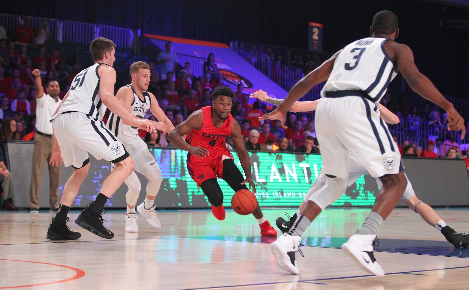 Dayton’s Jalen Crutcher dribbles against Butler on Wednesday, Nov. 21, 2018, at Imperial Gym on Paradise Island, Bahamas. David Jablonski/Staff