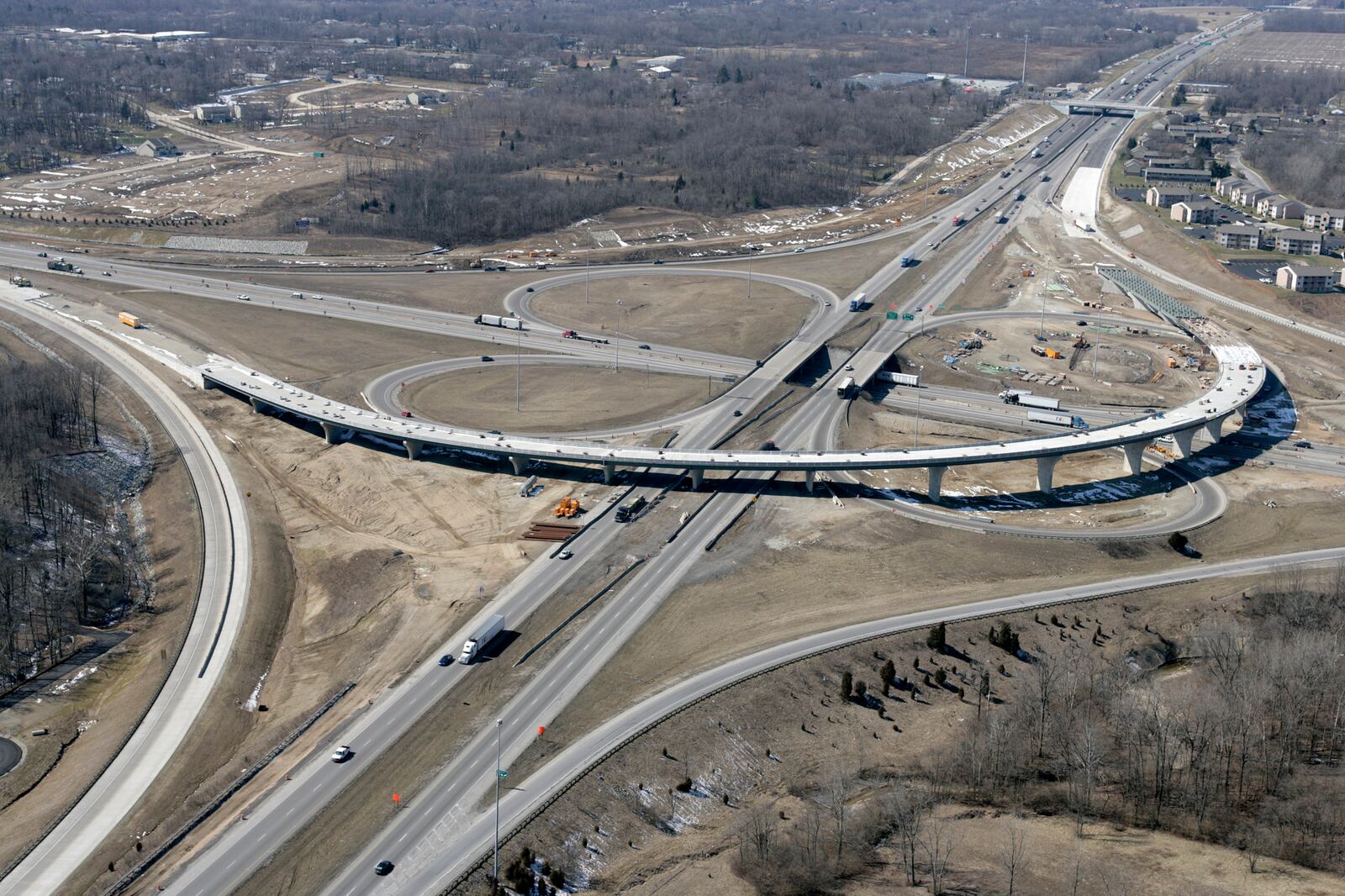 3-14-05 -- Aerial view looking west at the I-70/I-75 interchange under construction. Ty Greenlees/WHIO Chopper 7