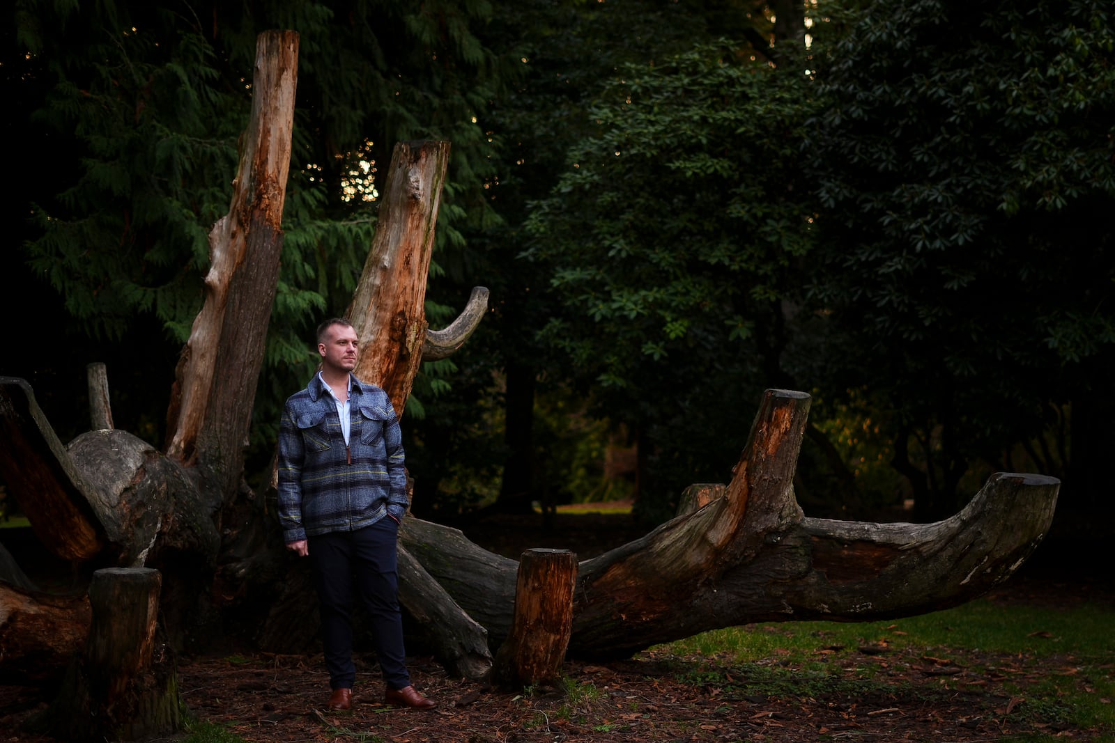 Recreational rugby player Sean McDowell, whose SafeSport case investigator Jason Krasley was fired after being arrested for stealing drug money in his previous job as a police officer, poses for a portrait Wednesday, Dec. 18, 2024, in Seattle. (AP Photo/Lindsey Wasson)