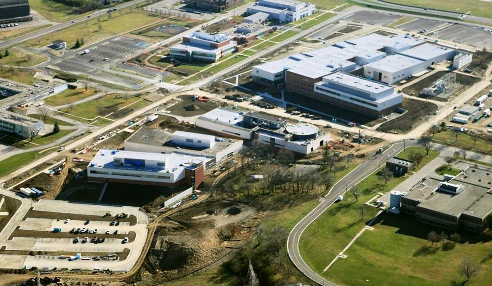 A 2010 file photo of construction of three facilities on Area B of Wright-Patterson that became home to the 711th Human Performance Wing, including the U.S. Air Force School of Aerospace Medicine.