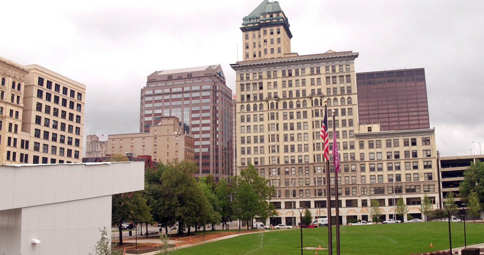 A view of the Centre City building at 40 S. Main St. from the Levitt Pavilion Dayton. TY GREENLEES / STAFF