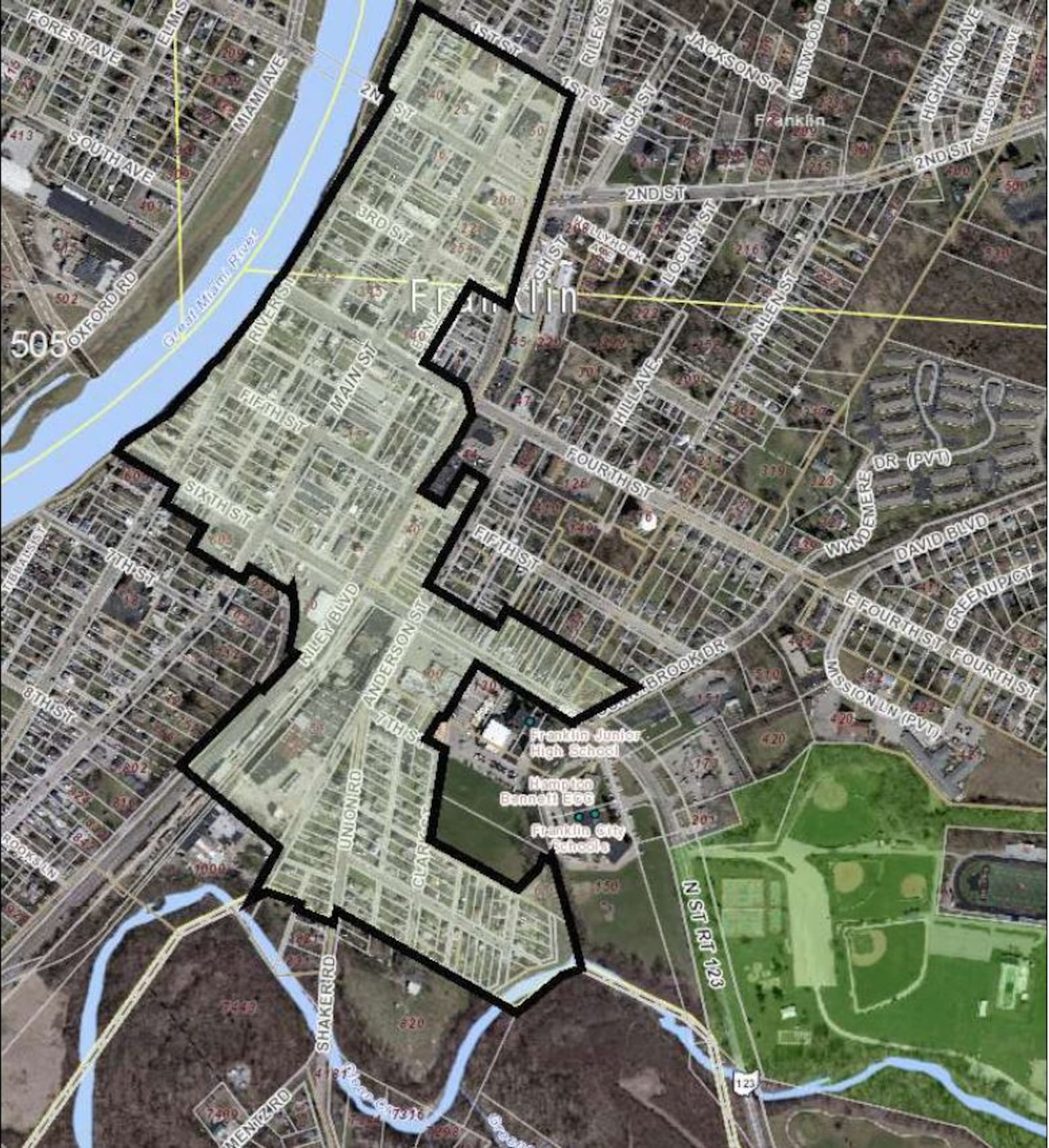 The area outlined in black is an overlay of the proposed downtown revitalization district in Franklin. City officials are imposing a moratorium on commercial development so that they can review several development studies that are nearing completion. The Franklin City Schools will begin building a $33 million high school and roundabout in the coming months. CONTRIBUTED/CITY OF FRANKLIN