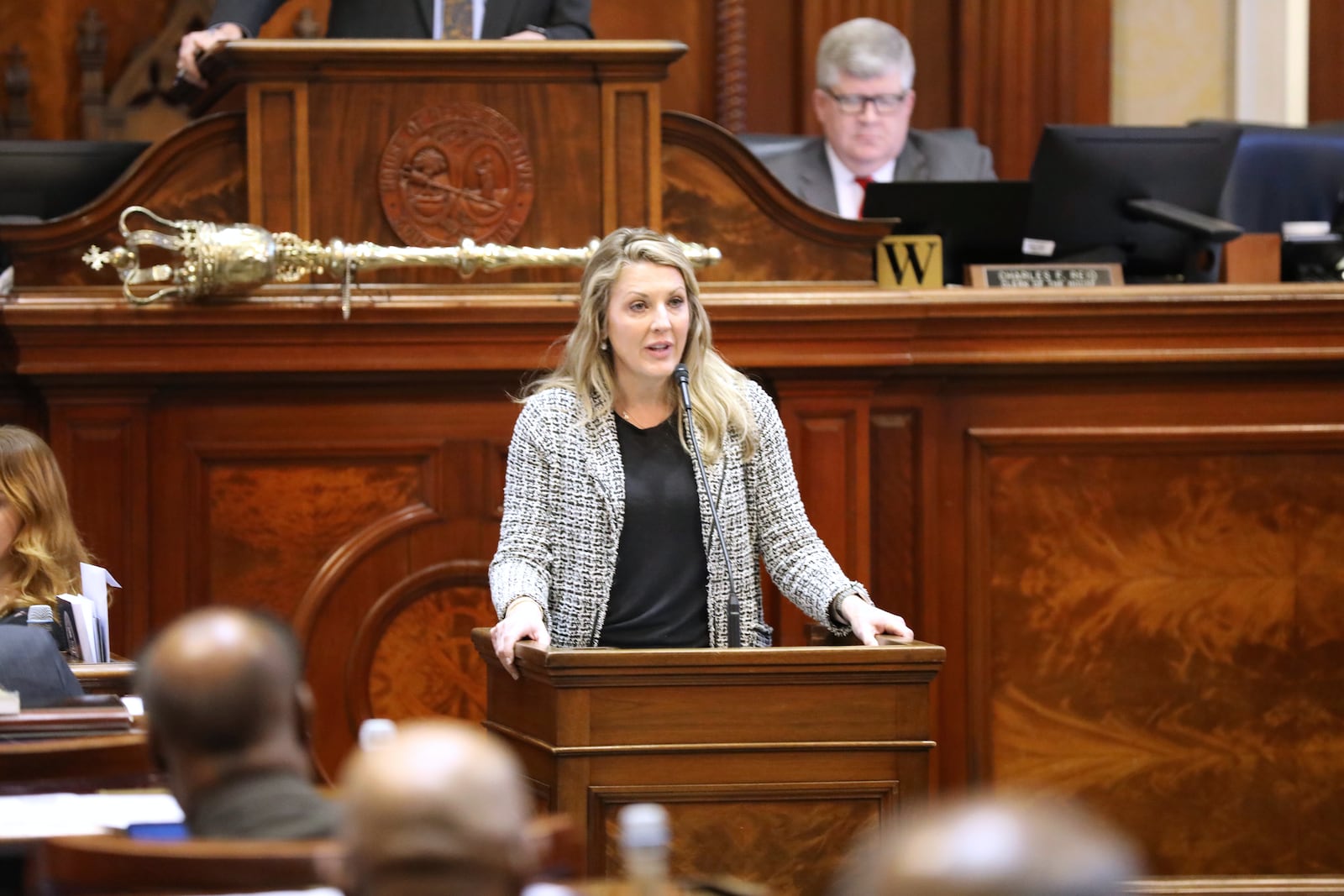 South Carolina Rep. April Cromer, R-Anderson, speaks during the House budget debate on Tuesday, March 11, 2025, in Columbia, S.C. (AP Photo/Jeffrey Collins)