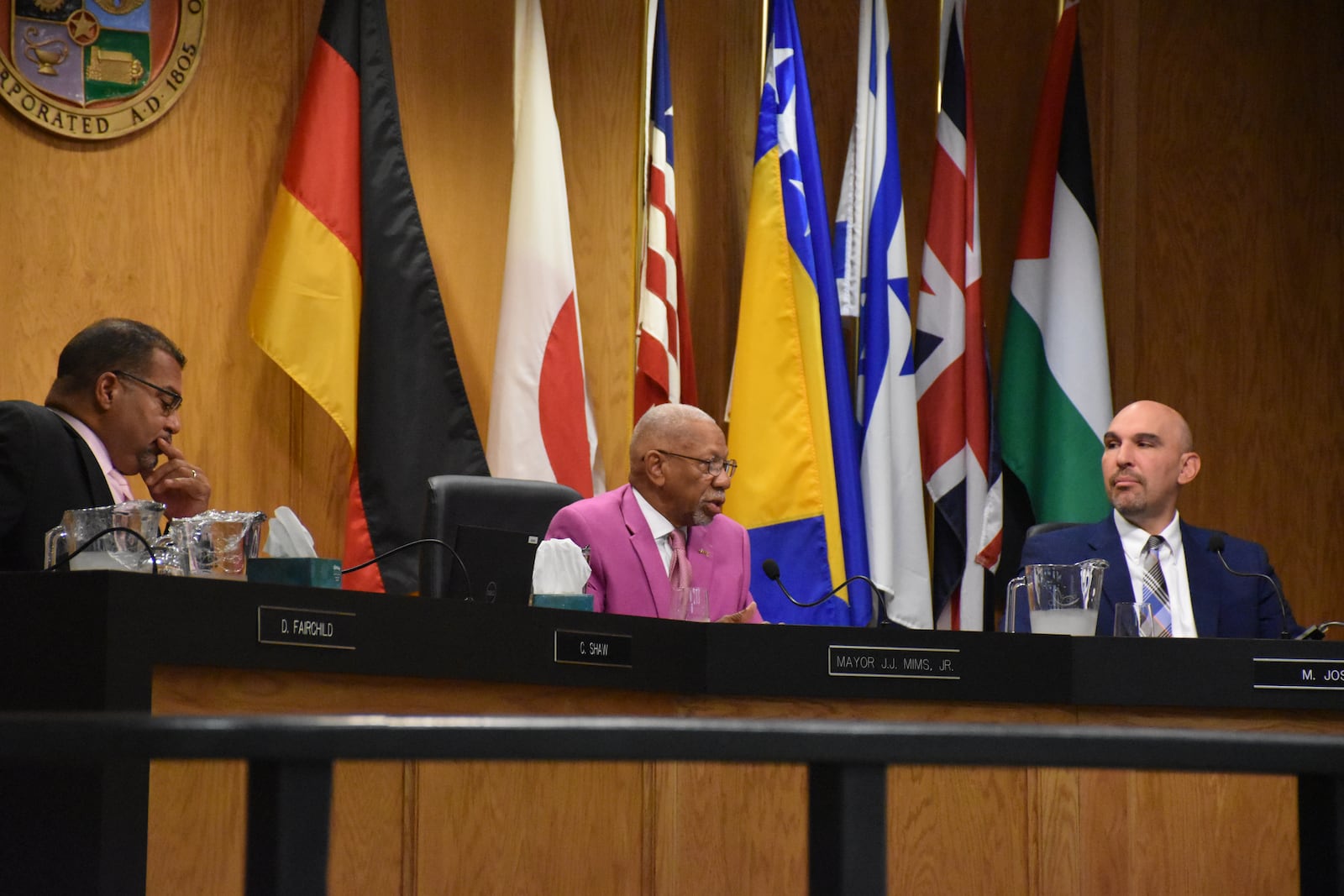 Dayton City Commission members Chris Shaw, Jeffrey Mims Jr. and Matt Joseph at a city commission meeting last month. CORNELIUS FROLIK / STAFF