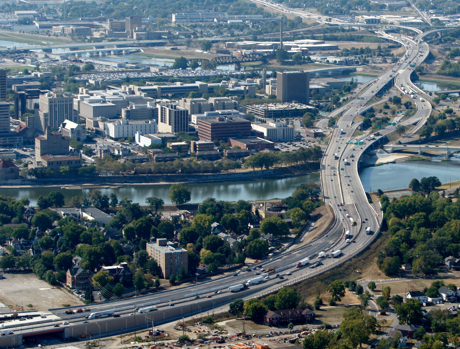 This aerial view looks south as I-75 winds around downtown Dayton.