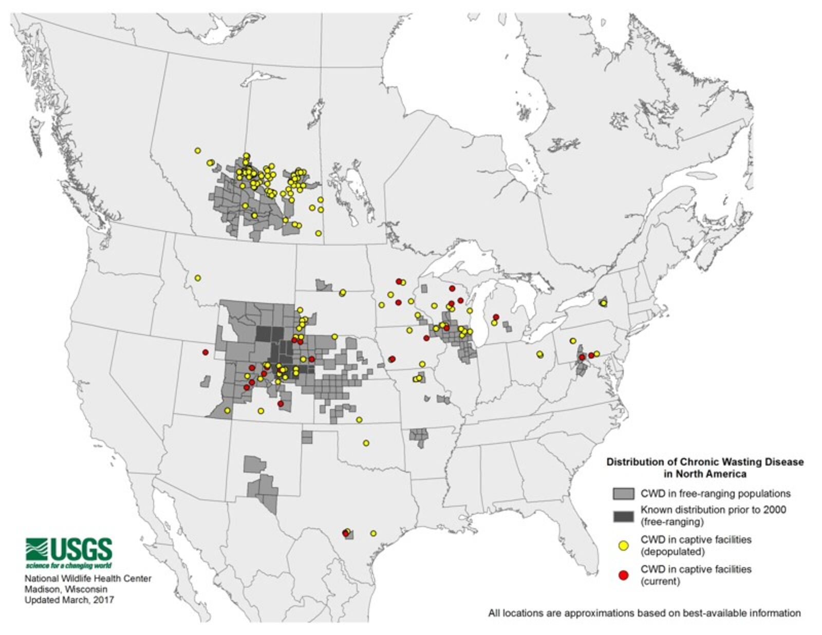 A map where chronic wasting disease has been reported.  (Photo: National Wildlife Health Center)