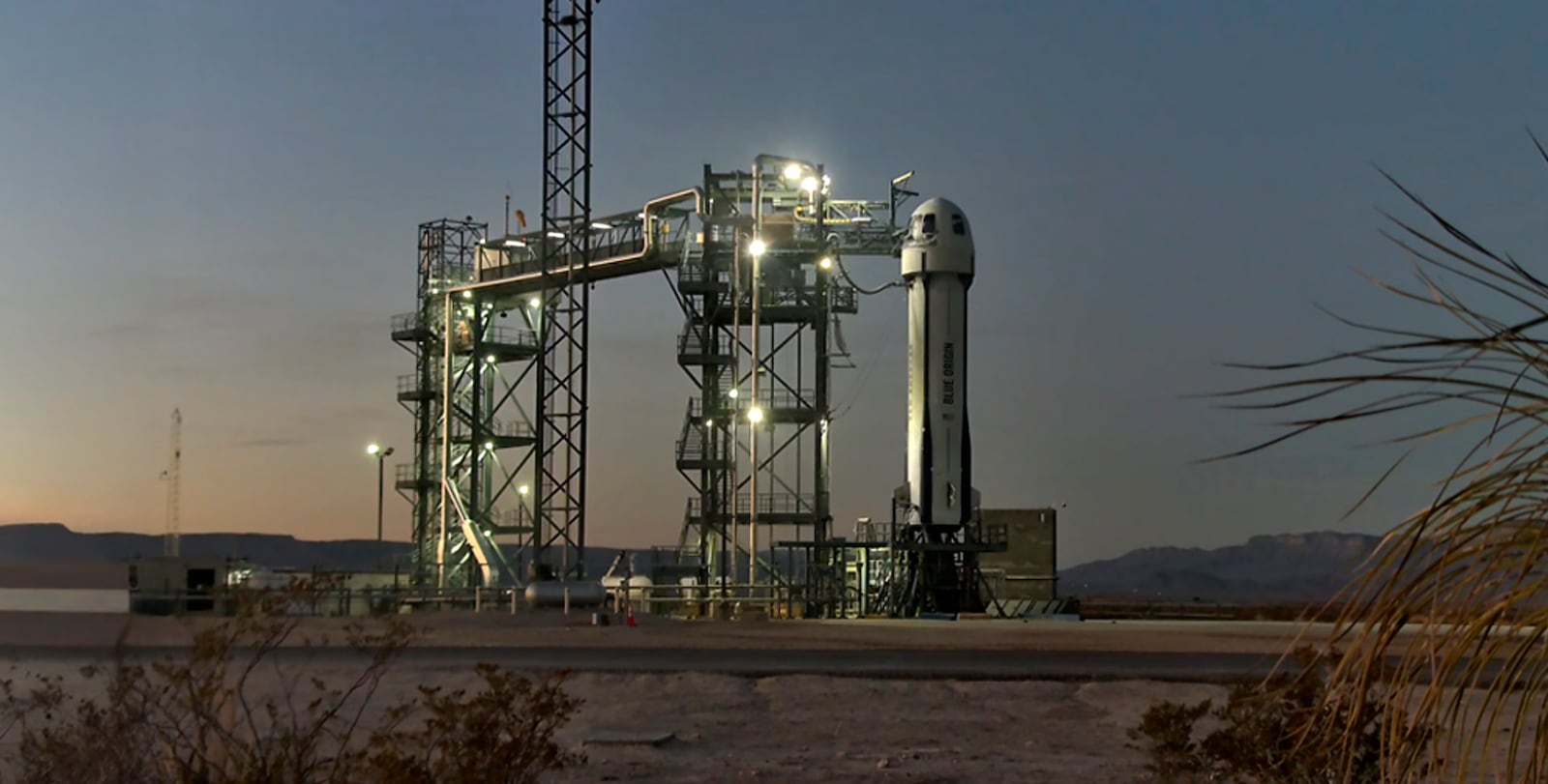 This photo provided by Blue Origin shows New Shepard on the pad in West Texas. (Blue Origin via AP)