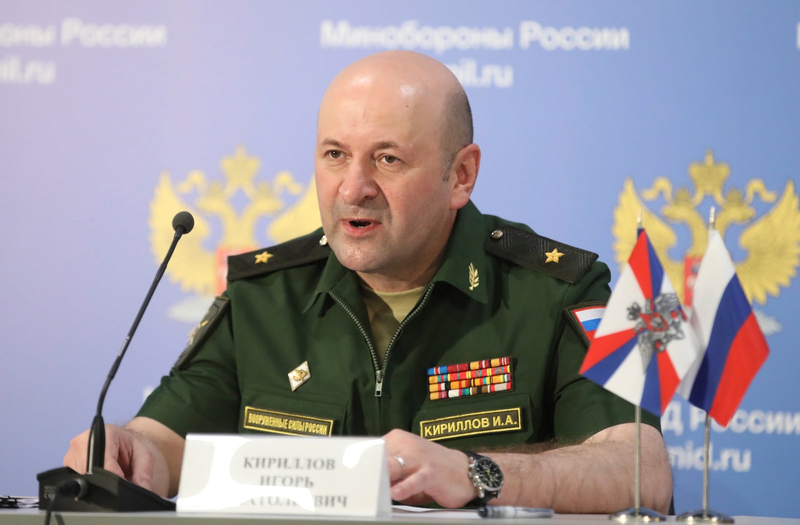 FILE - Maj. Gen. Igor Kirillov, the chief of the Russian military's radiation, chemical and biological protection unit, attends a briefing in Kubinka Patriot park, outside Moscow, Russia, on June 22, 2018. (AP Photo, File)