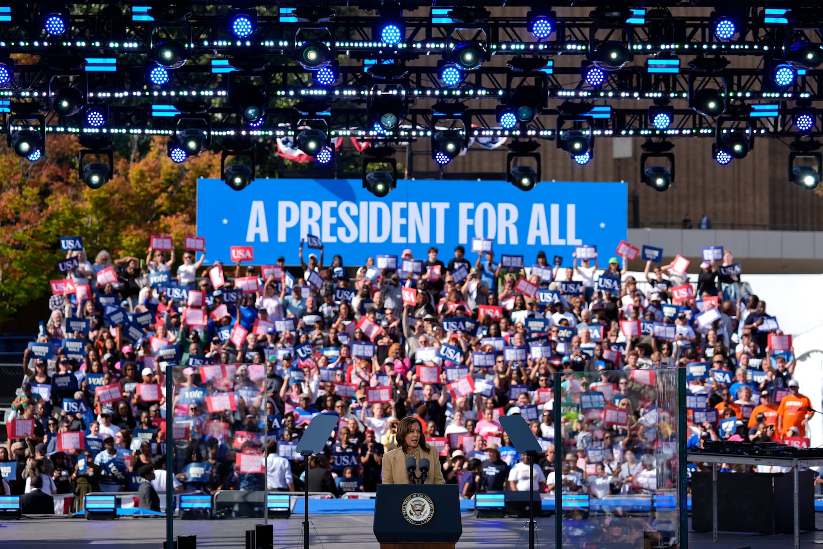 Democratic presidential nominee Vice President Kamala Harris speaks during a campaign rally outside the Atlanta Civic Center, Saturday, Nov. 2, 2024. (AP Photo/Brynn Anderson)