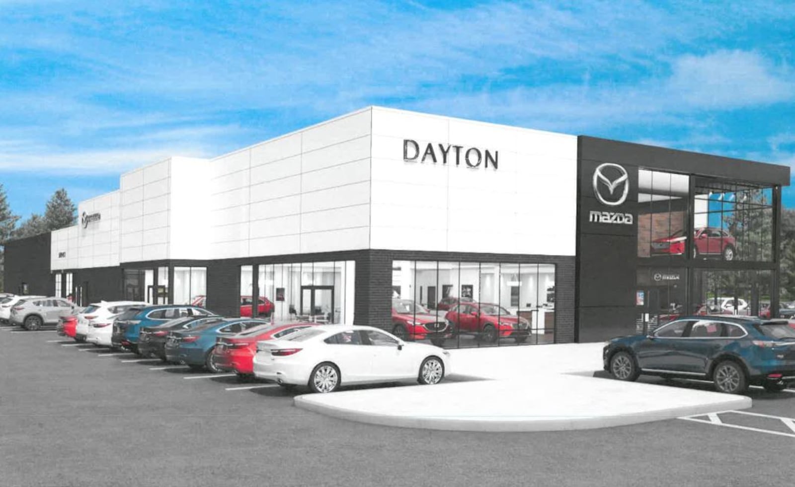 A digital illustration of a Mazda dealership planned to replace the former Danbarry Cinemas in Miami Twp. CONTRIBUTED